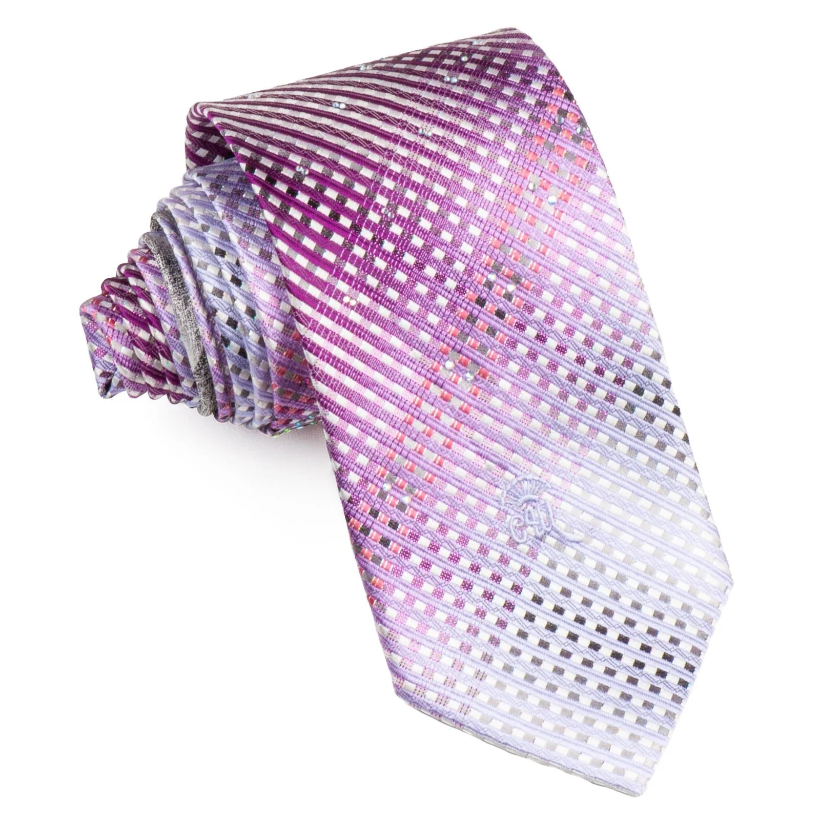 Countess Mara Men's Rhinestone Silk Tie Purple Striped On White With Silver & Purple Sparkles