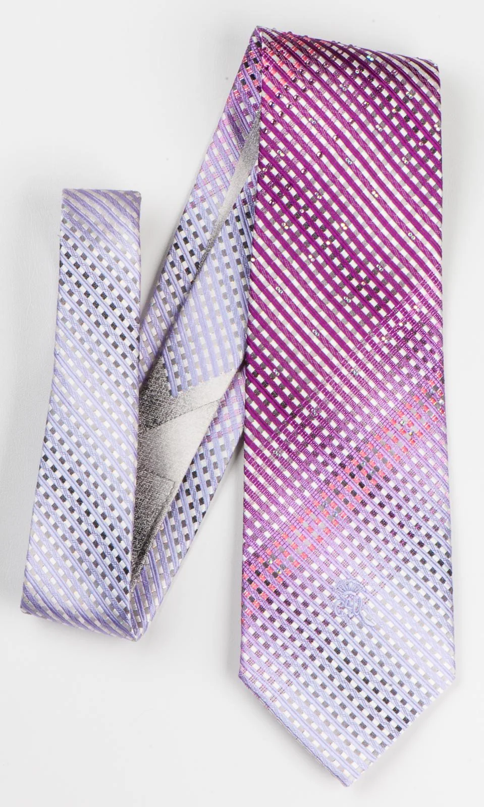 Countess Mara Men's Rhinestone Silk Tie Purple Striped On White With Silver & Purple Sparkles - Image 3