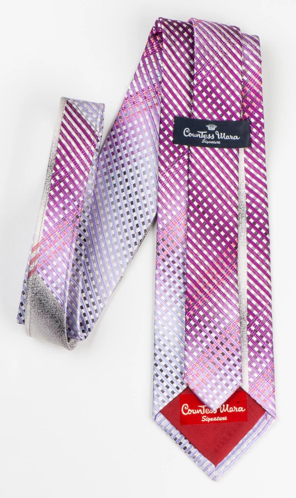 Countess Mara Men's Rhinestone Silk Tie Purple Striped On White With Silver & Purple Sparkles - Image 4
