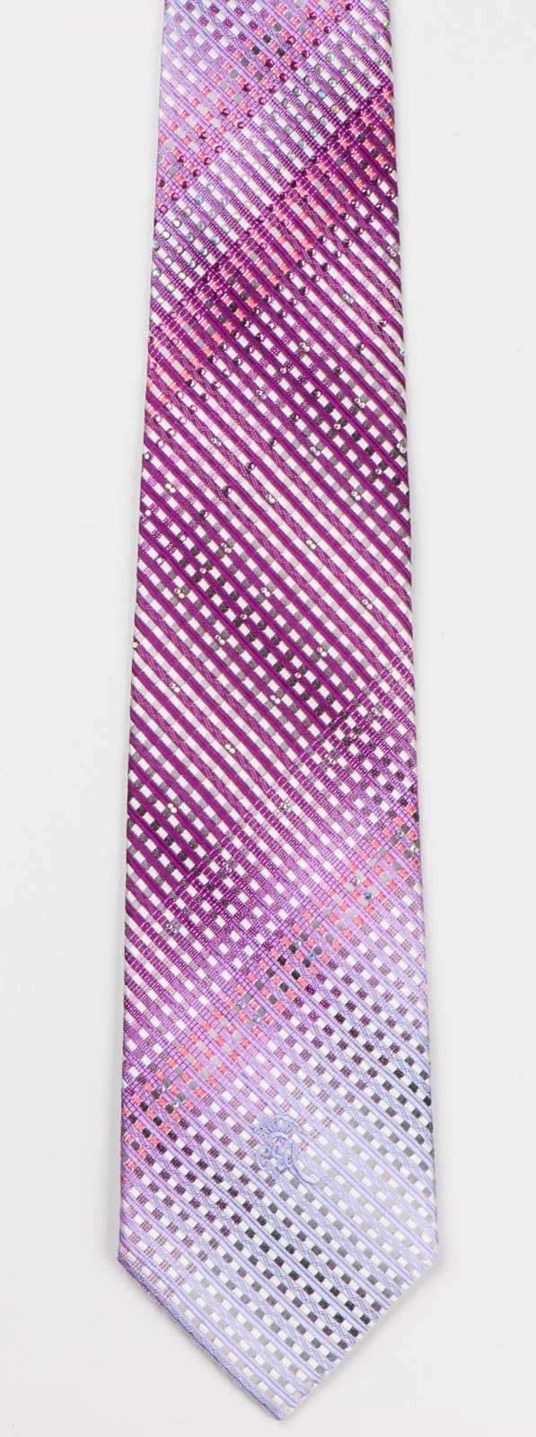 Countess Mara Men's Rhinestone Silk Tie Purple Striped On White With Silver & Purple Sparkles - Image 7