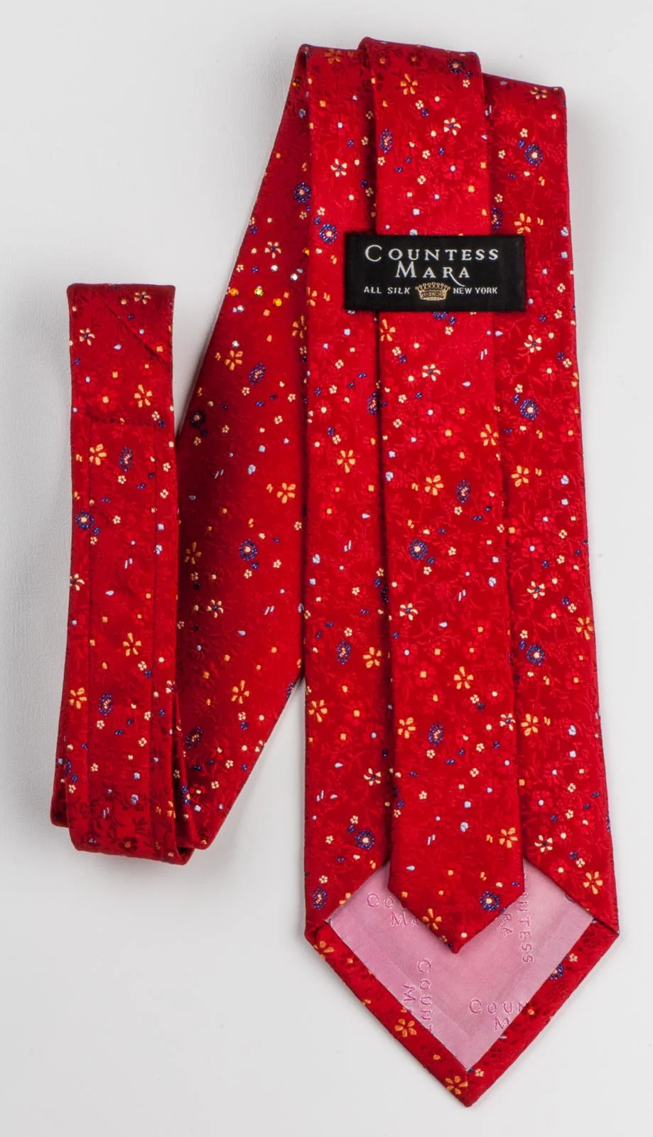 Countess Mara Men's Silk Neck Tie Floral Design On Red With Rhinestones - Image 7