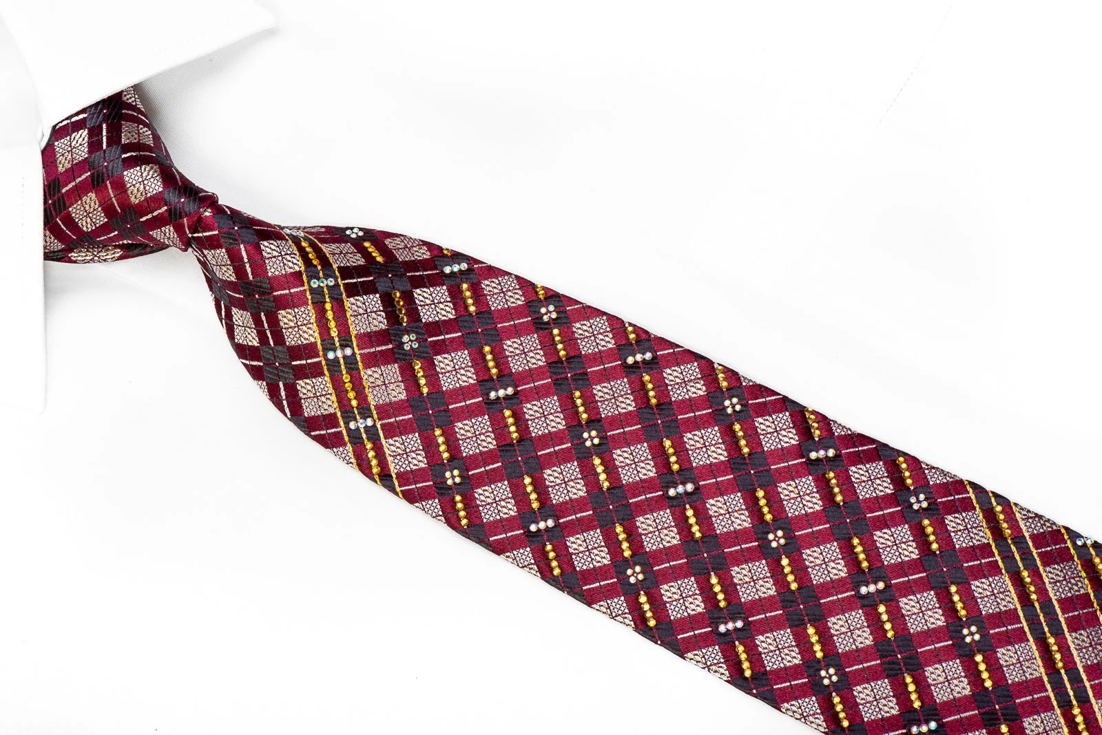 Countess Mara Men's Silk Necktie Silver Geometric On Burgundy With Sparkles - Image 2
