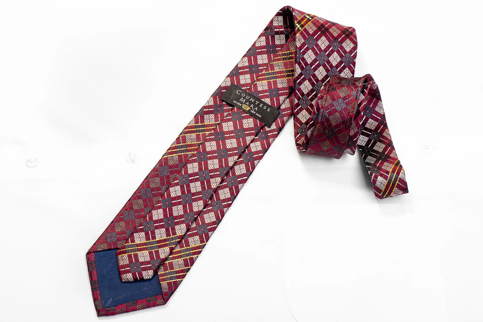 Countess Mara Men's Silk Necktie Silver Geometric On Burgundy With Sparkles - Image 4