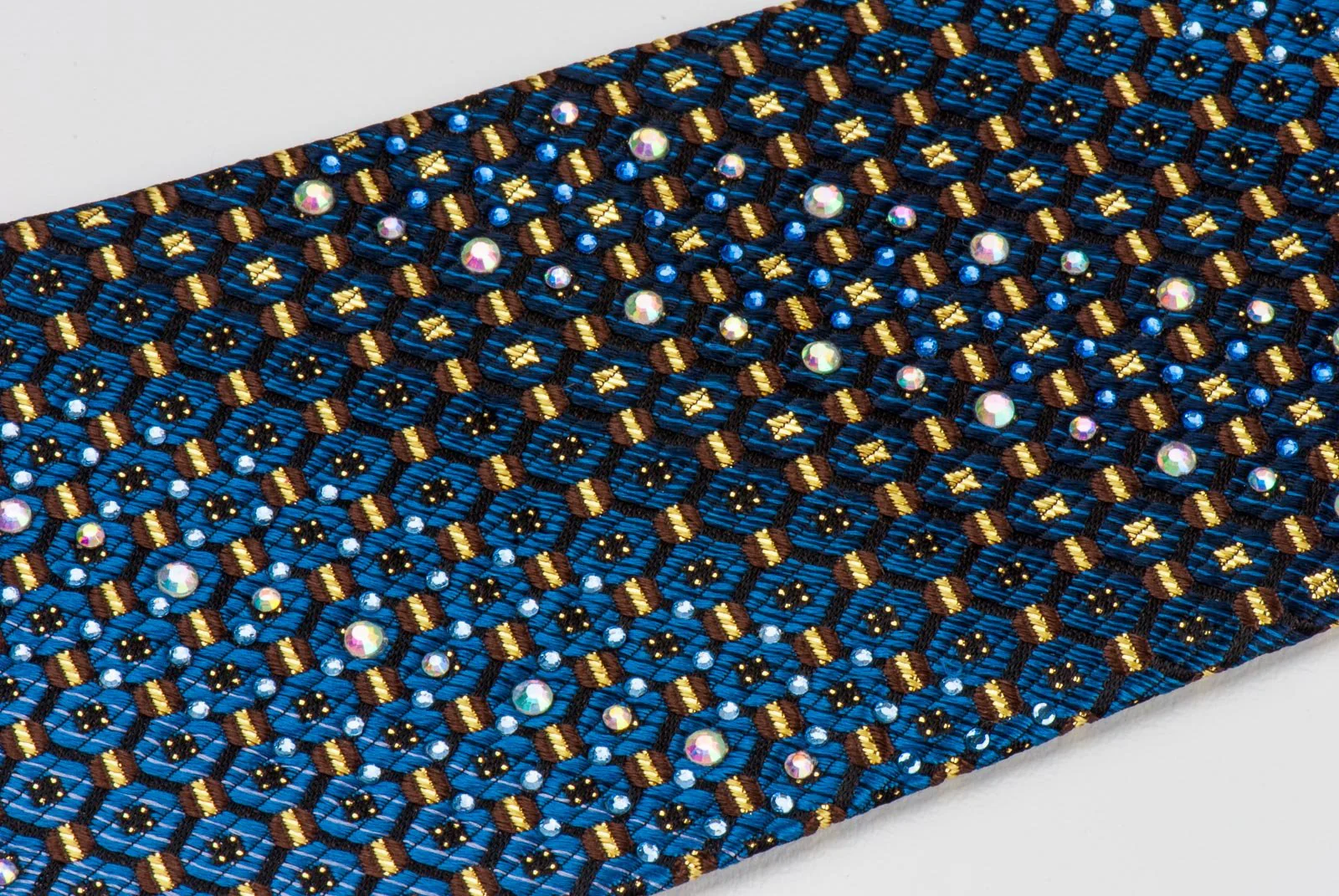 Countess Mara Men's Silk Rhinestone Tie Blue & Gold Geometric Design On Black - Image 7