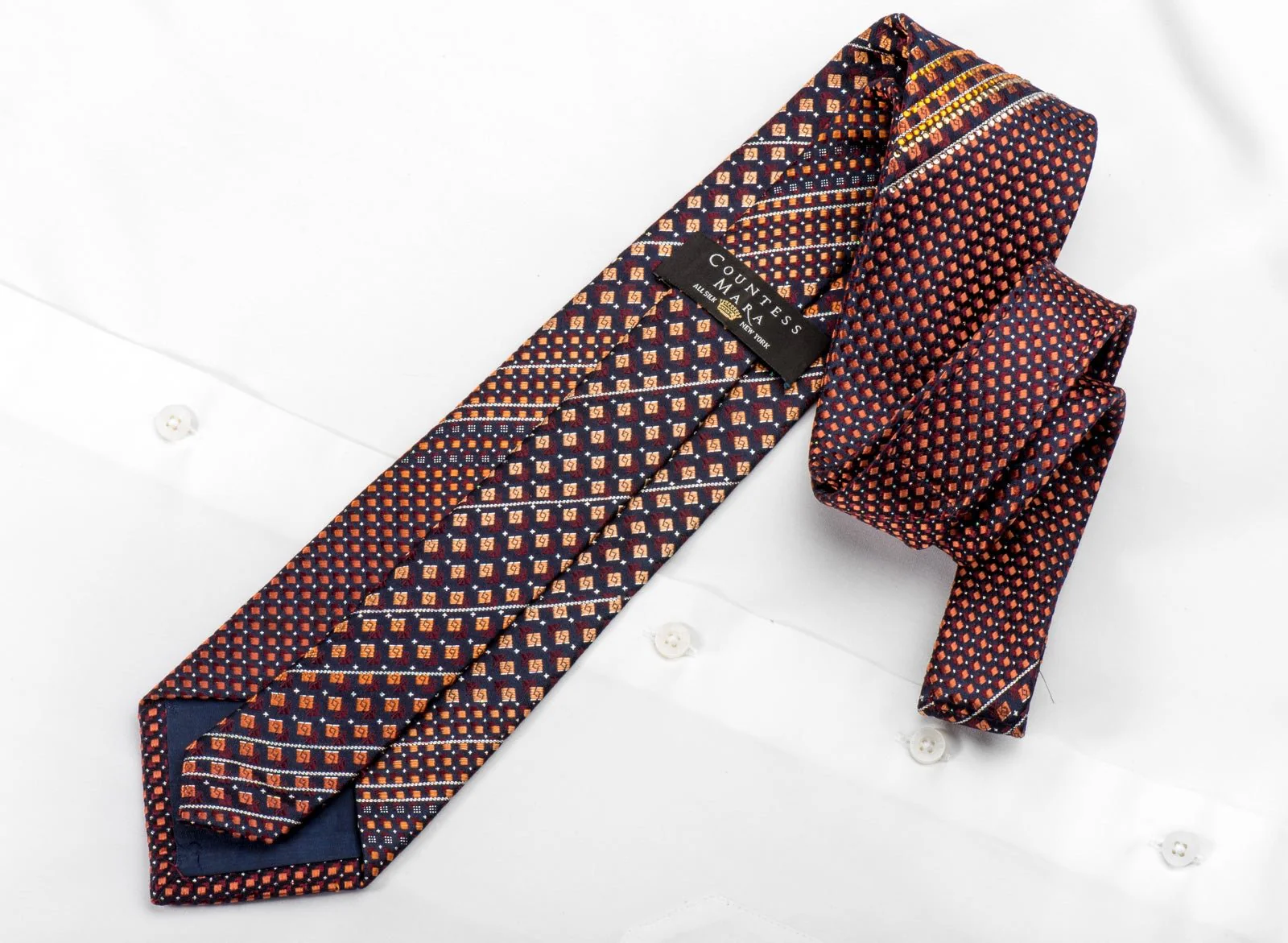 Countess Mara Men's Silk Rhinestone Tie Orange Burgundy Micro Squares On Blue With Silver Sparkles - Image 2