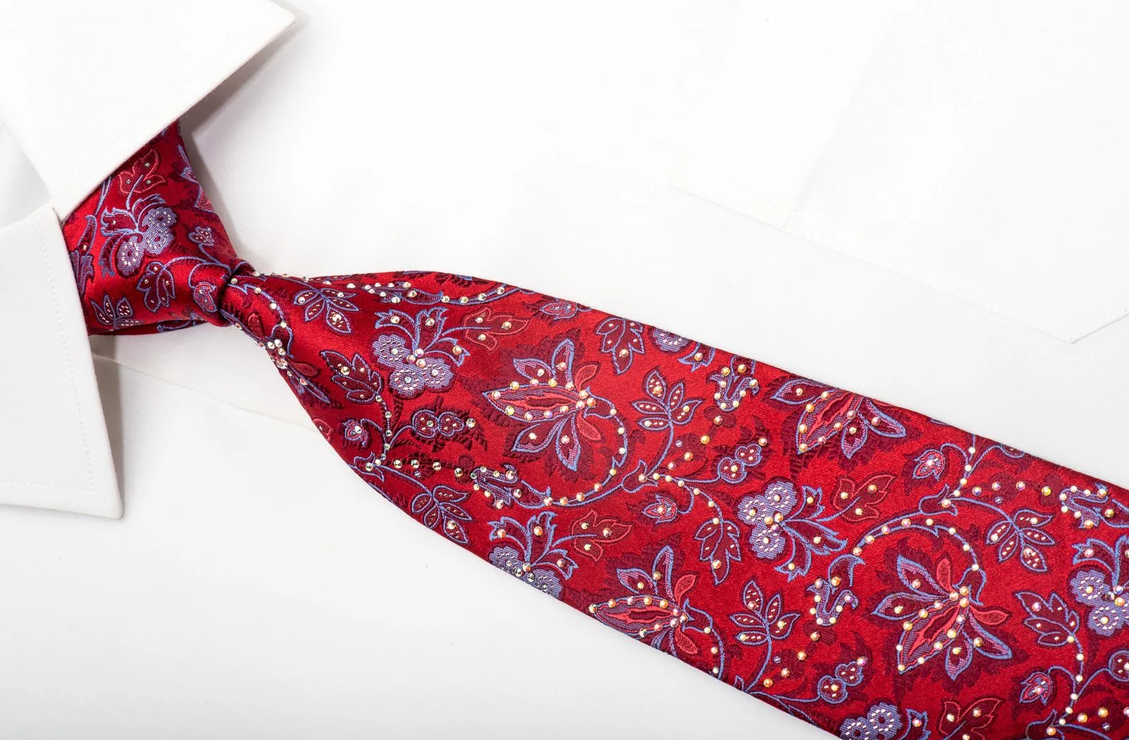 Countess Mara Mens Silk Necktie Blue Floral On Red Sparkling With Rhinestones - Image 2