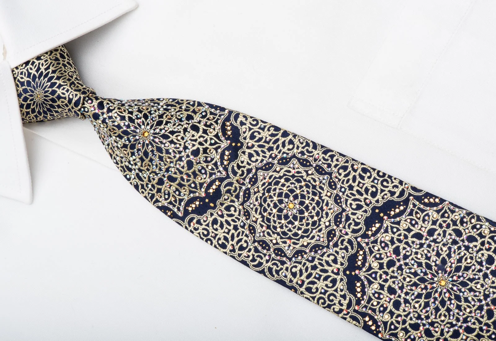 Countess Mara Mens Rhinestone Necktie Gold Arabesque On Navy Silk With Sparkles - Image 2
