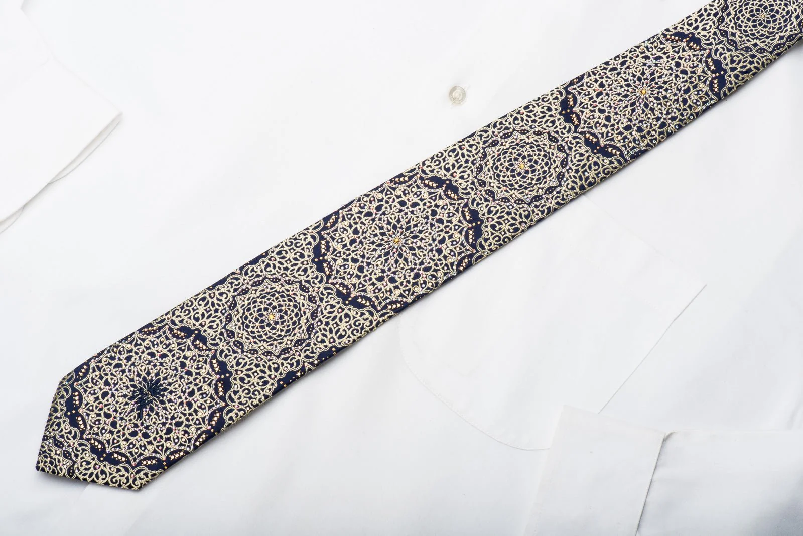 Countess Mara Mens Rhinestone Necktie Gold Arabesque On Navy Silk With Sparkles - Image 6