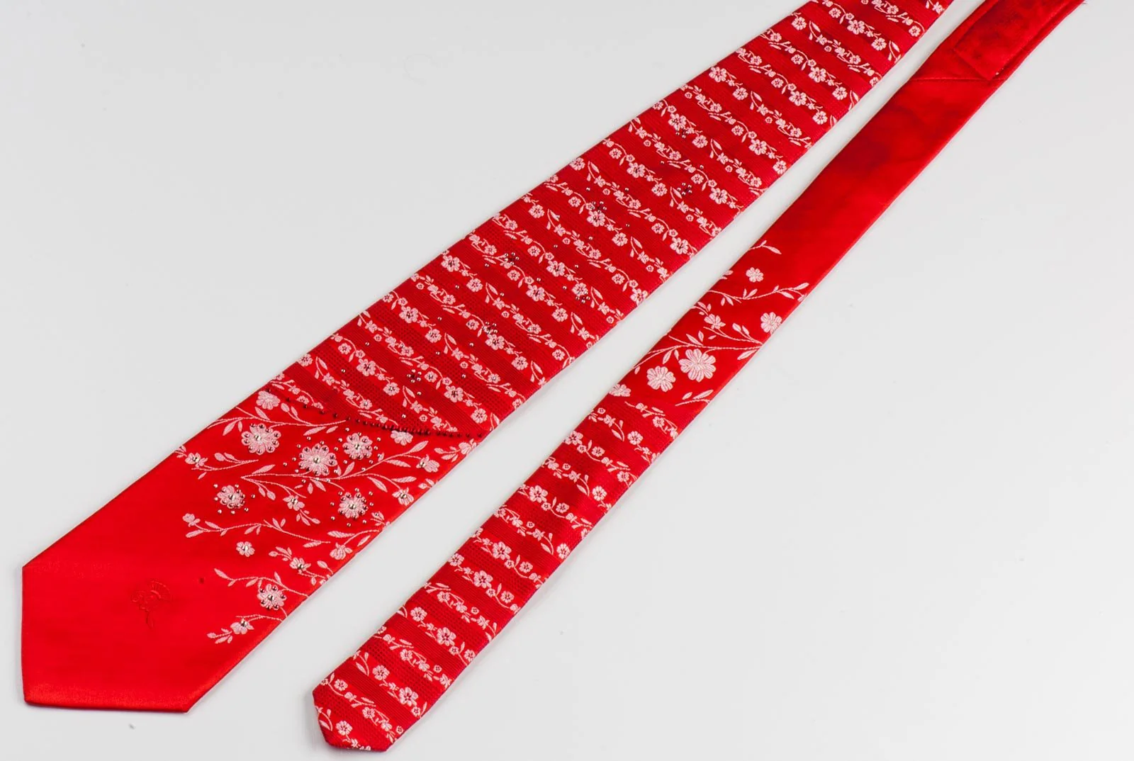 Countess Mara Rhinestone Silk Neck Tie Floral Design On Red Classic 3 1/2 Inch - Image 4