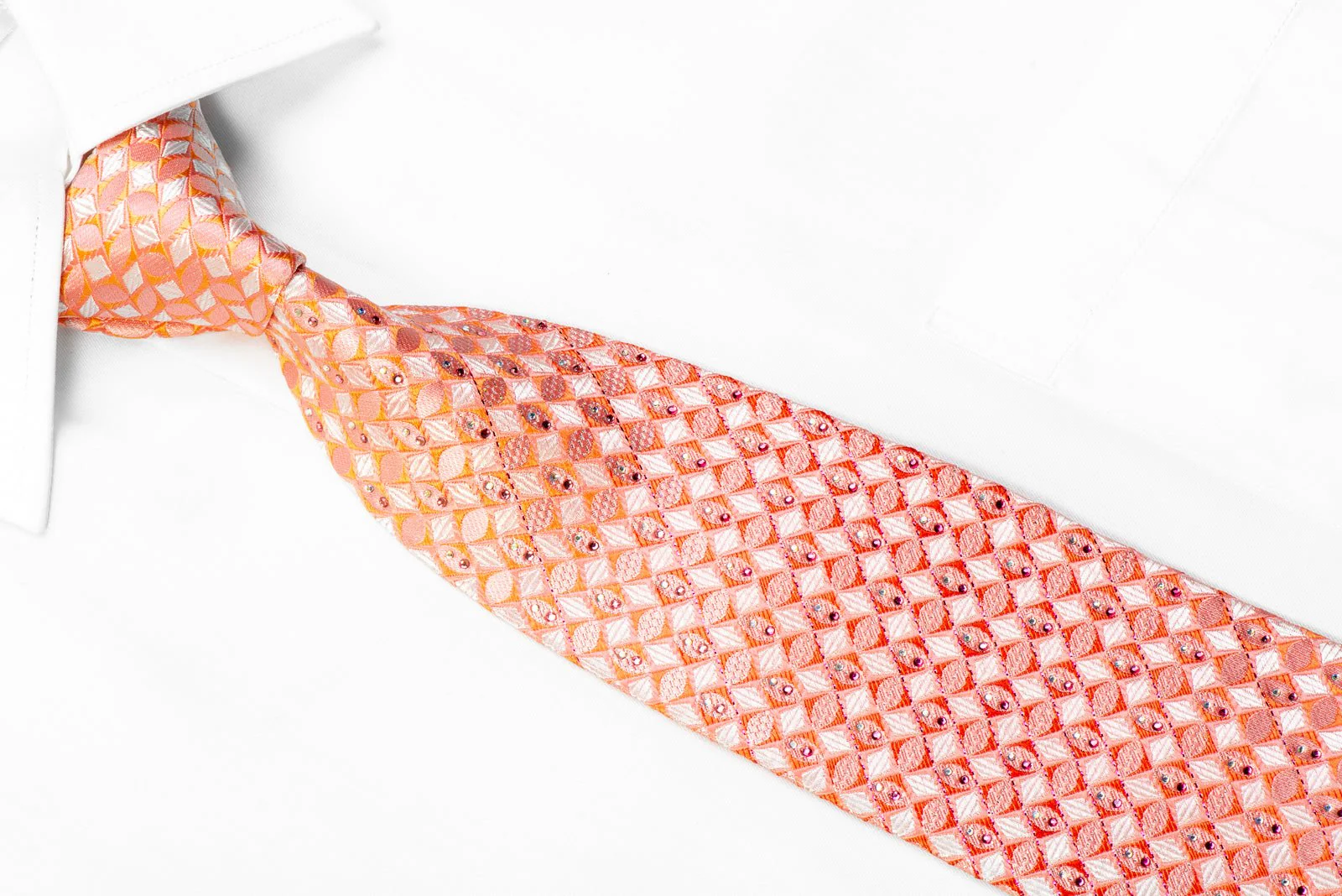 Countess Mara Rhinestone Silk Necktie Pink Orange Geometric Checkered With Sparkles - Image 2