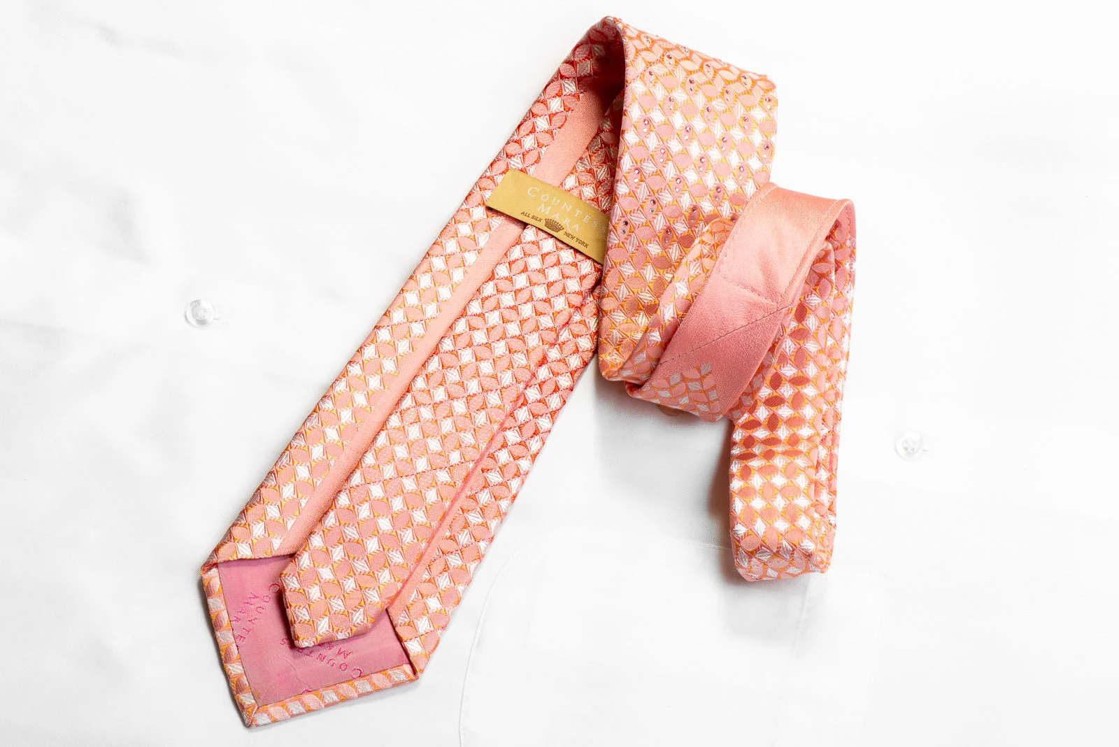 Countess Mara Rhinestone Silk Necktie Pink Orange Geometric Checkered With Sparkles - Image 4