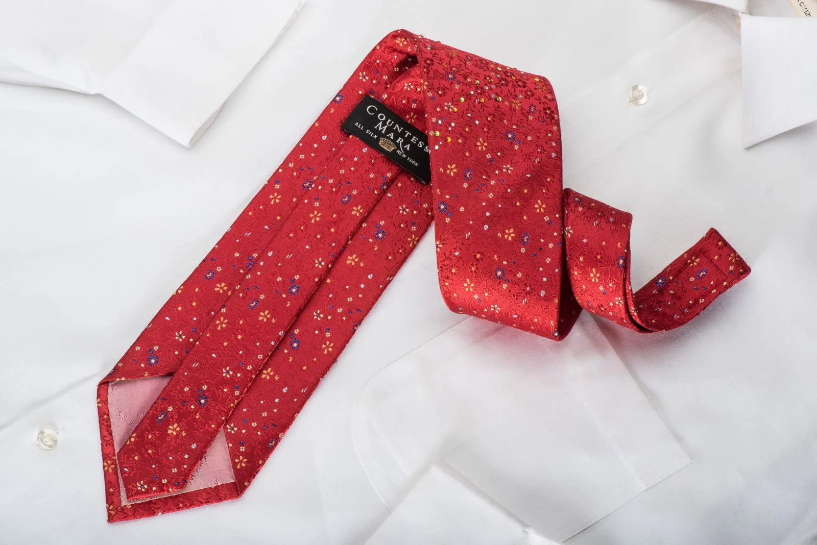 Countess Mara Silk Necktie Floral On Red Sparkling With Rhinestones - Image 4