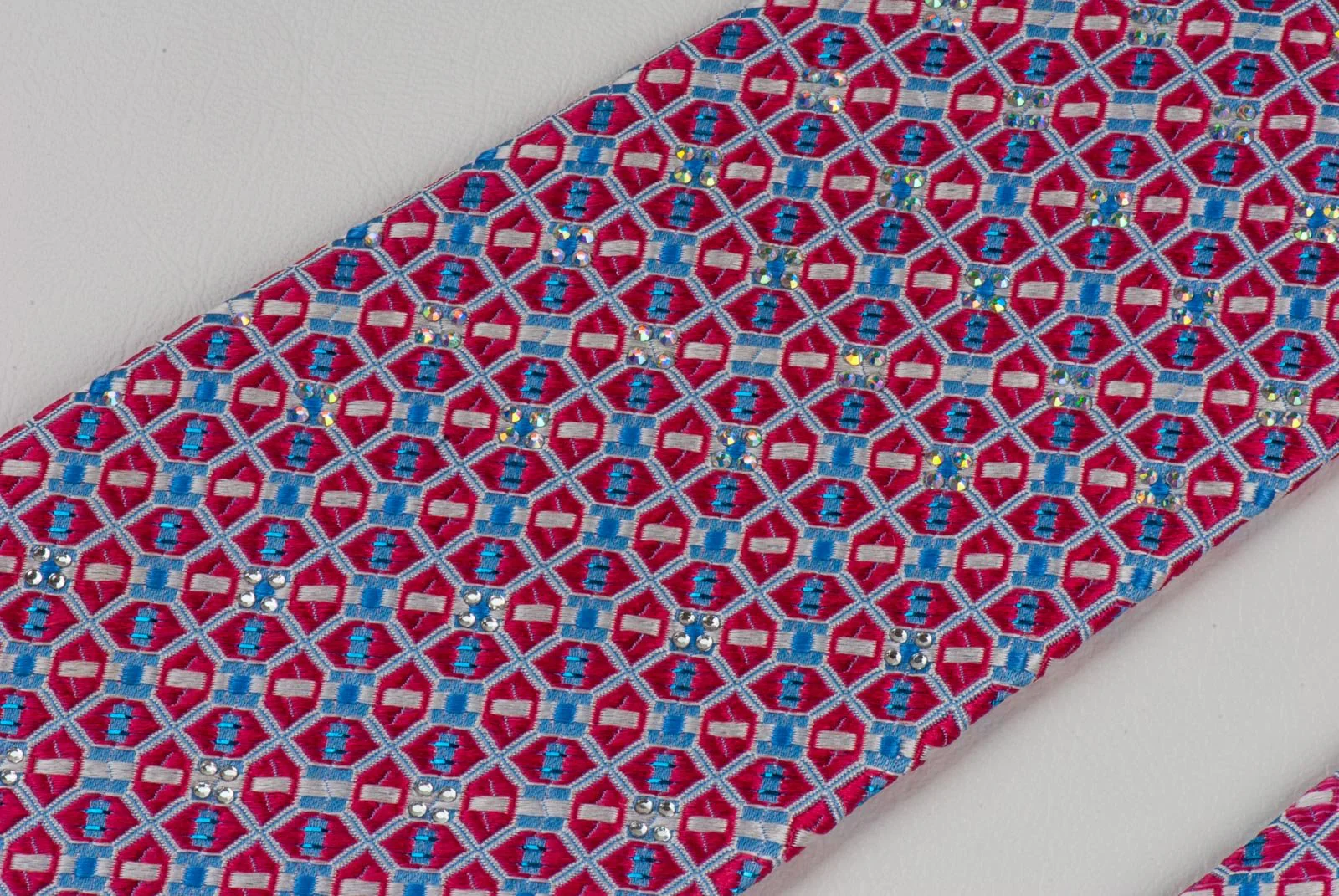 Countess Mara Silk Necktie Interlocking Trellis Blue Sparkles & Rhinestones - Image 4