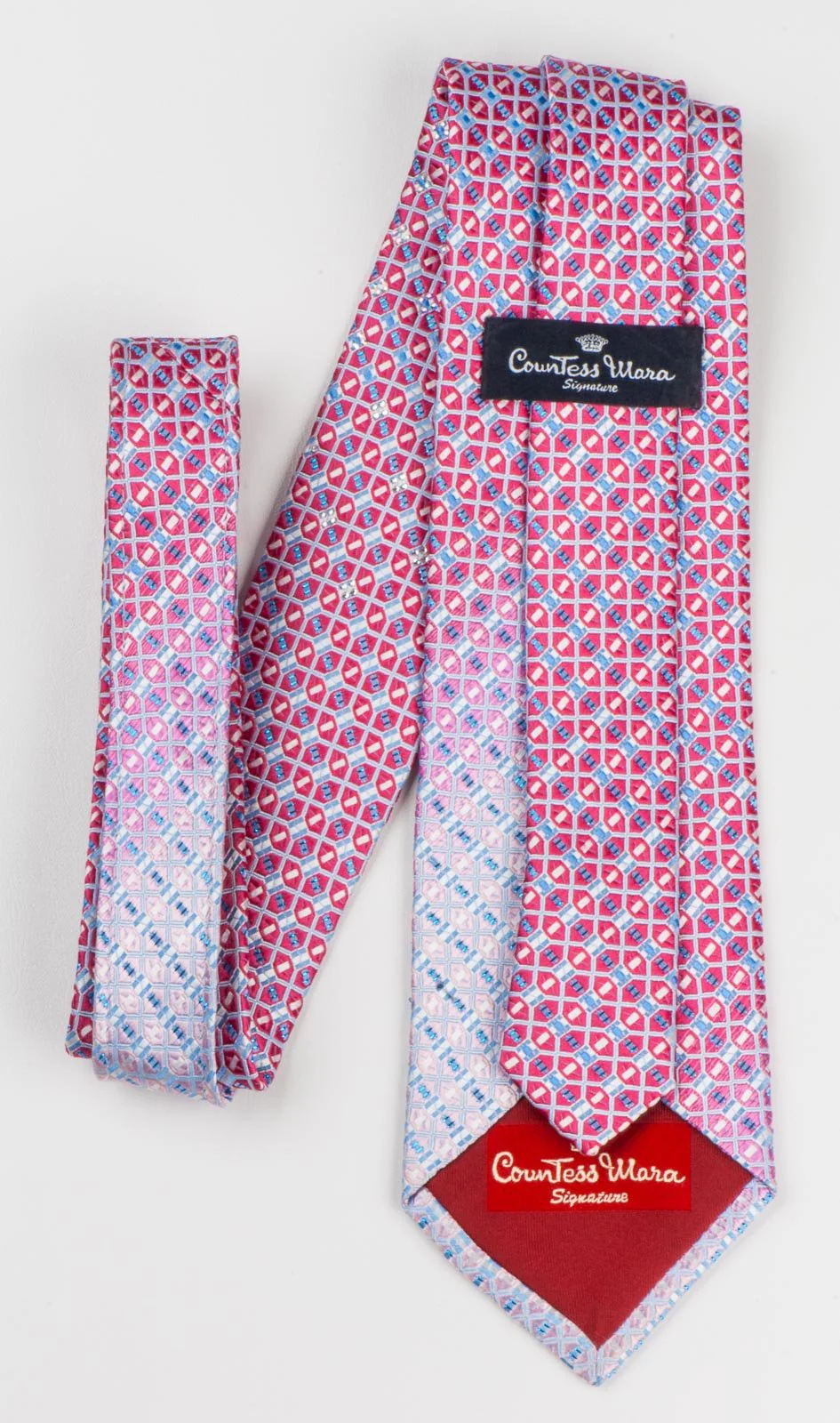 Countess Mara Silk Necktie Interlocking Trellis Blue Sparkles & Rhinestones - Image 5