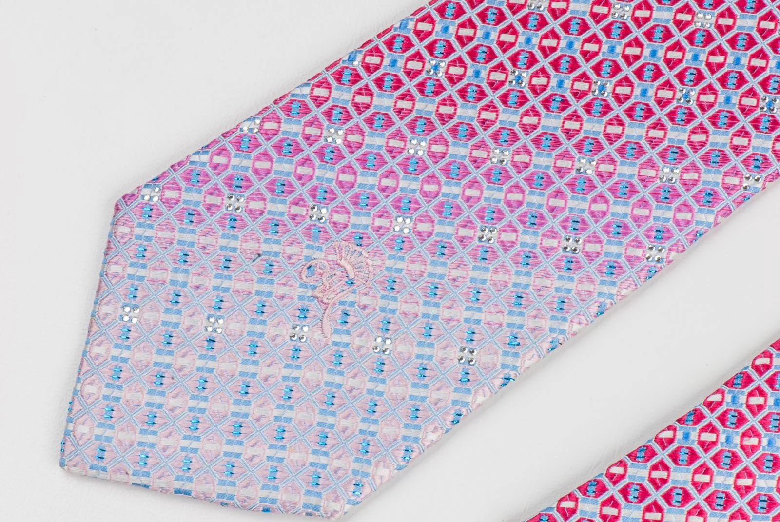 Countess Mara Silk Necktie Interlocking Trellis Blue Sparkles & Rhinestones - Image 6