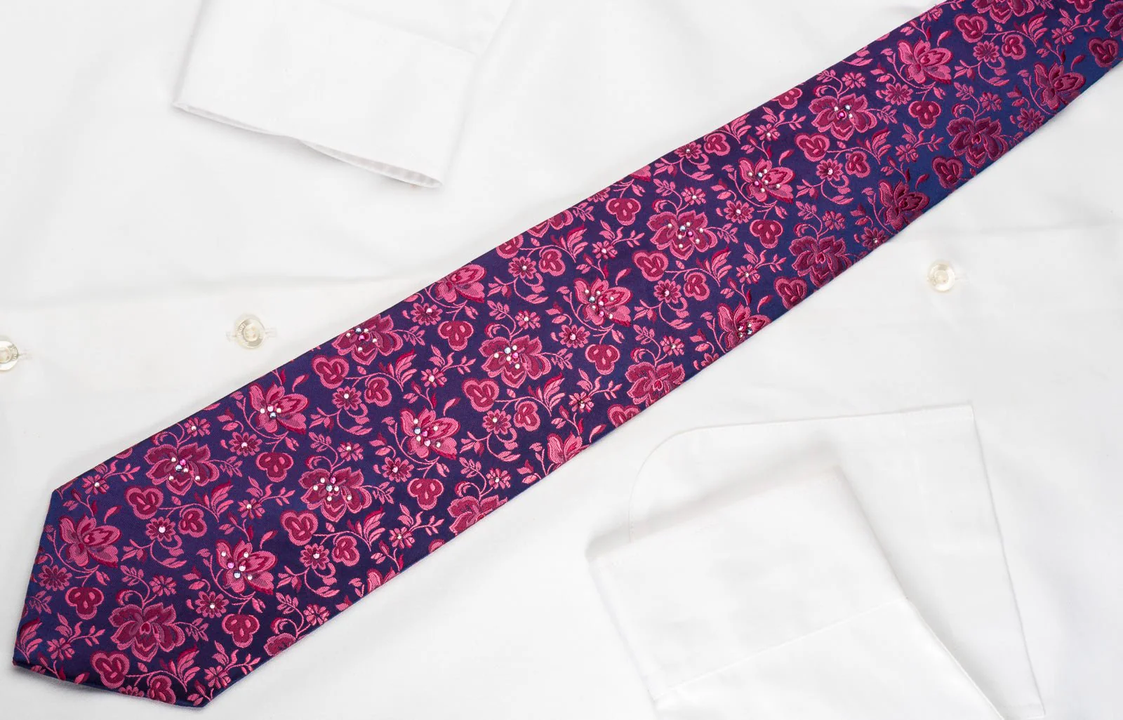 Countess Mara Silk Necktie Purple Floral On Blue Sparkling With Rhinestones - Image 5