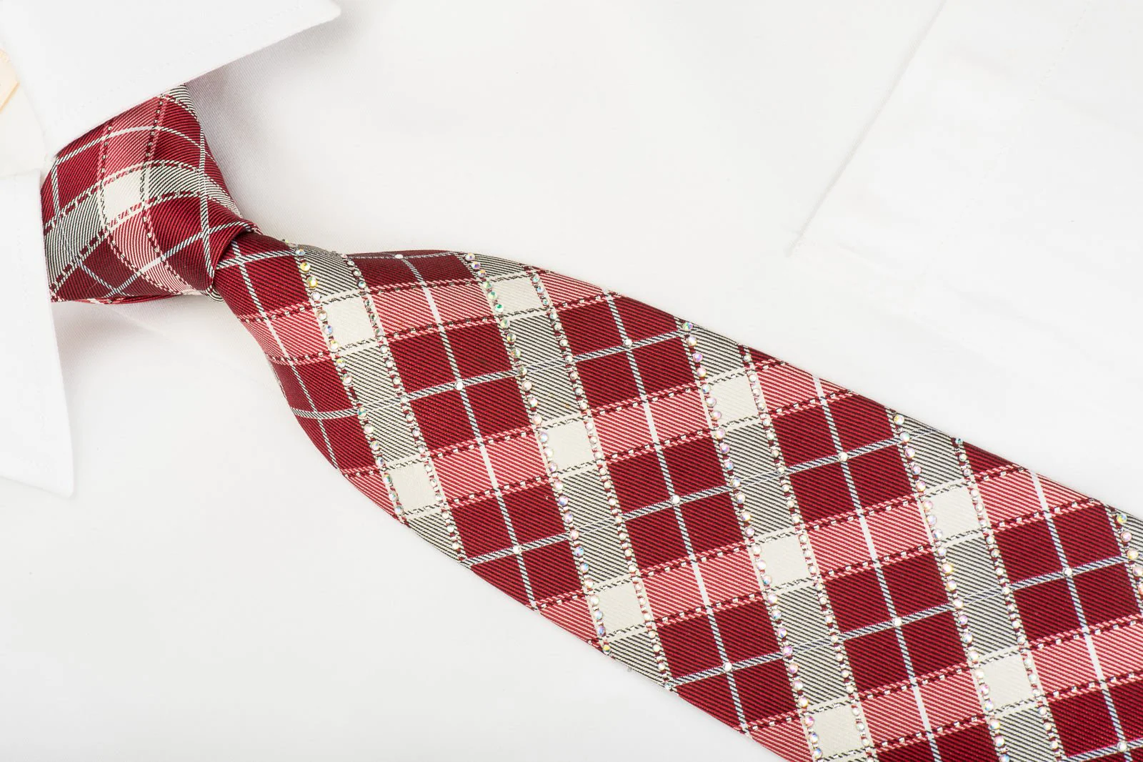 Countess Mara Silk Necktie Silver Burgundy Plaids With Rhinestones & Silver Sparkles - Image 2