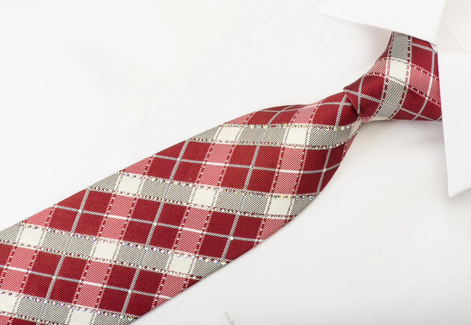 Countess Mara Silk Necktie Silver Burgundy Plaids With Rhinestones & Silver Sparkles - Image 4