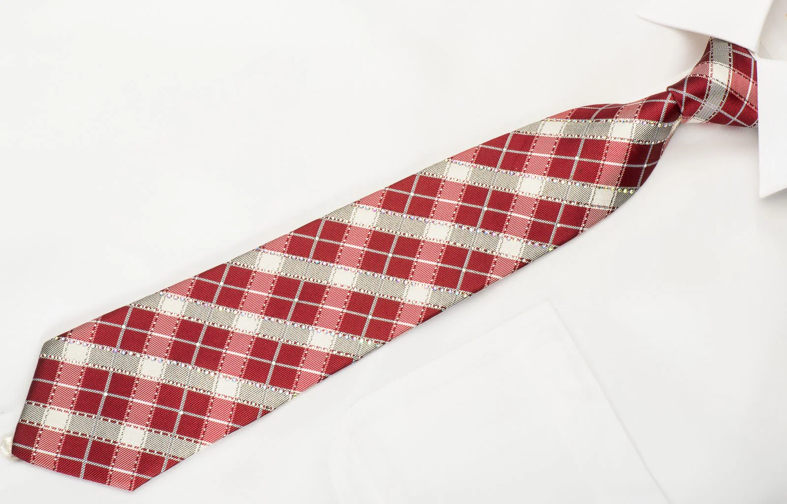 Countess Mara Silk Necktie Silver Burgundy Plaids With Rhinestones & Silver Sparkles - Image 5