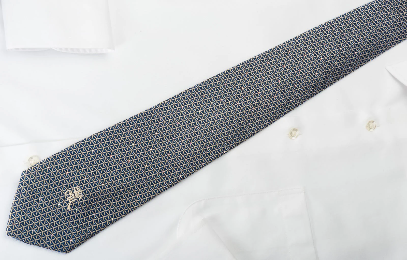 Countess Mara Silk Rhinestone Necktie Silver Trellis On Blue With Sparkles - Image 6