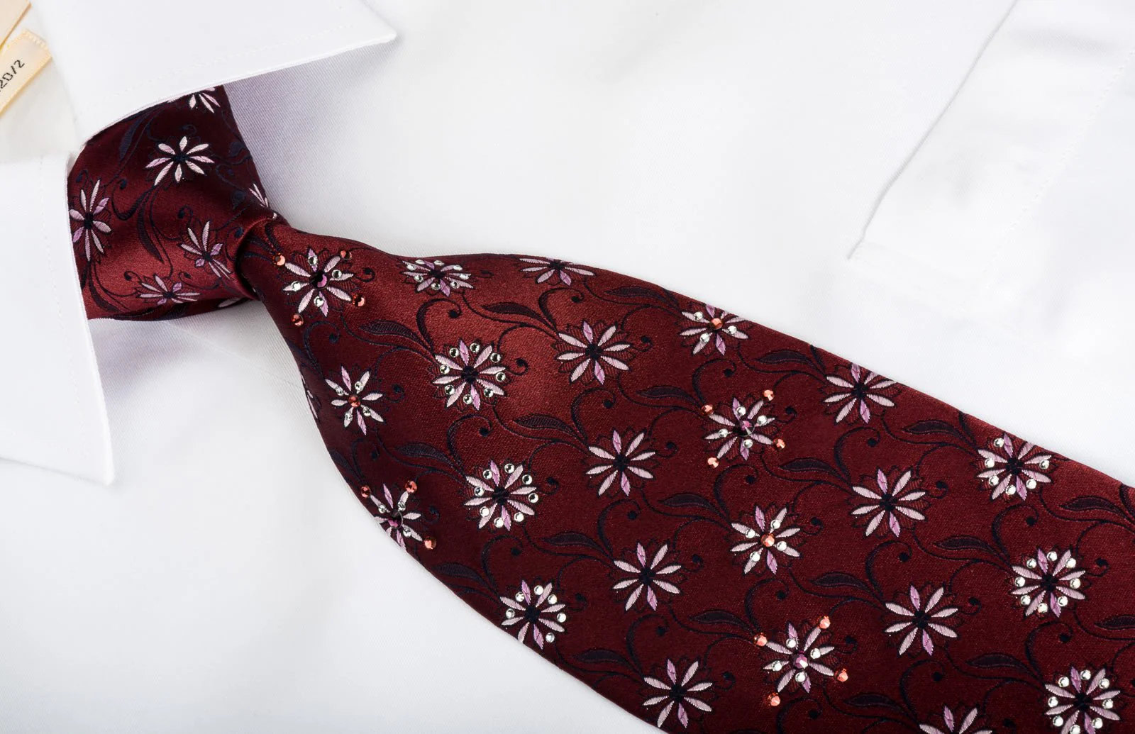 Countess Mara Silk Tie Floral On Burgundy Sparkling With Crystal Rhinestones - Image 5
