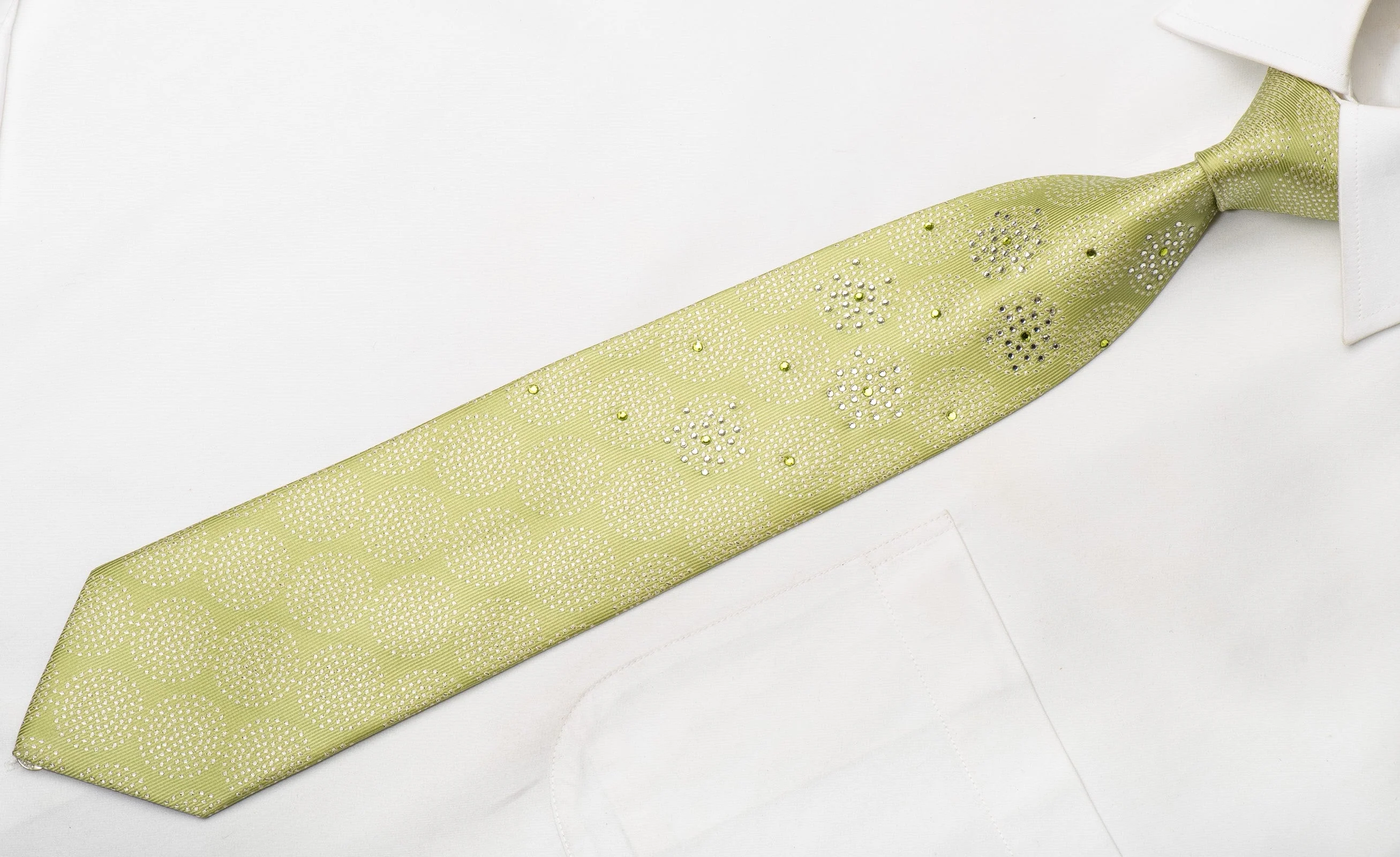 Cravatte Men's Rhinestone Silk Necktie Silver Circles On Green With Silver Sparkles - Image 3
