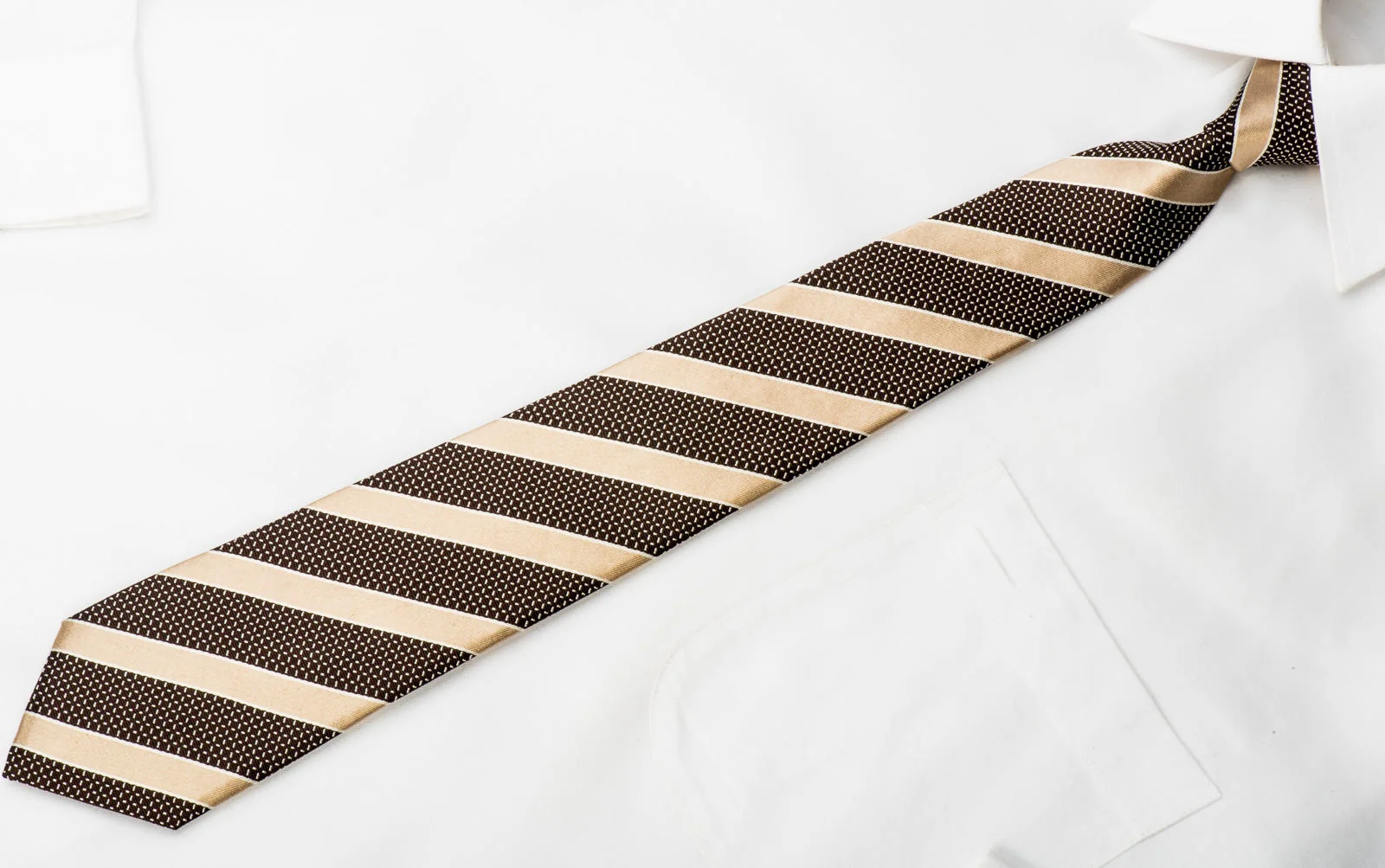 Cremona Men's Silk Skinny Necktie Gold Striped On Dark Brown - Image 3