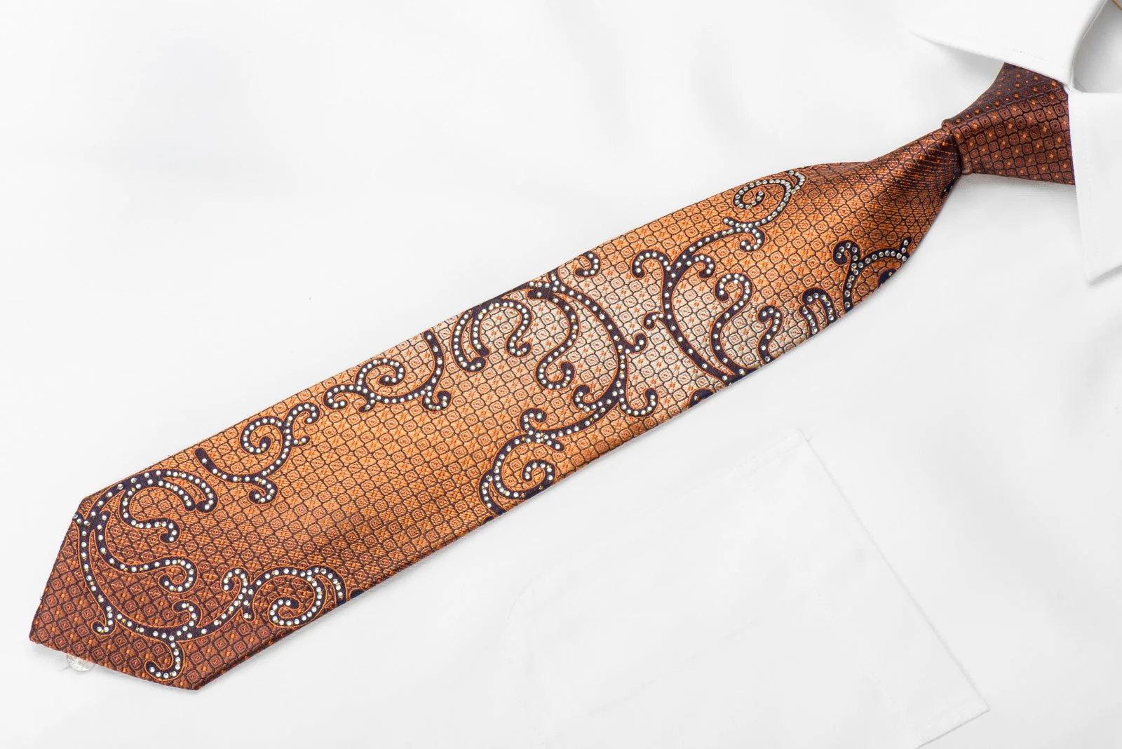 Crocodile Men's Crystal Silk Necktie Orange Geometric & Scrolls On Navy With Red Sparkles - Image 4