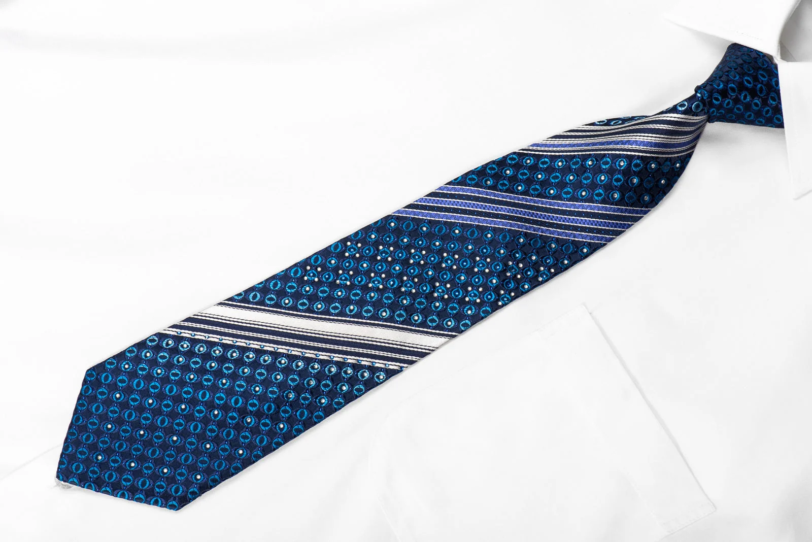 Crocodile Men's Crystal Silk Tie Stripes & Geometric On Navy With Blue Sparkles - Image 3