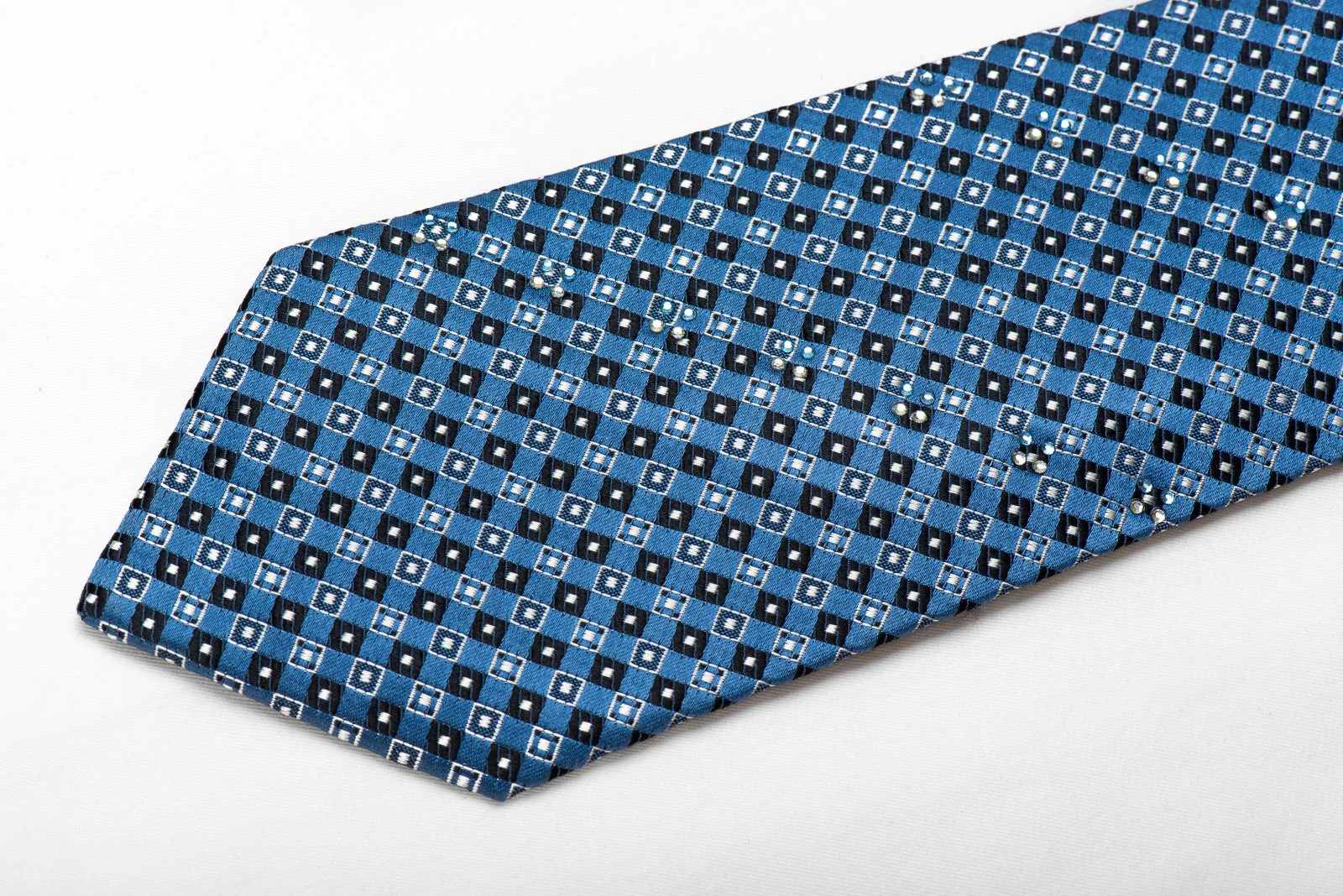 Crocodile Mens Crystal Silk Necktie Blue Checkered Sparkling With Rhinestones - Image 3