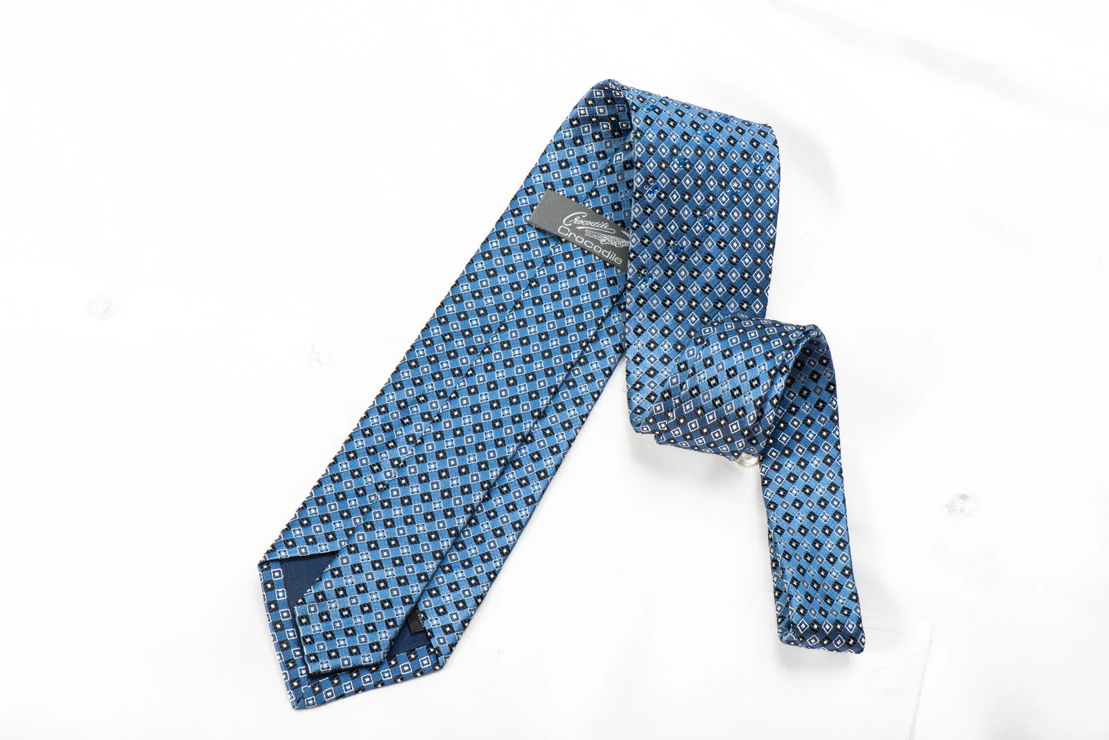 Crocodile Mens Crystal Silk Necktie Blue Checkered Sparkling With Rhinestones - Image 5