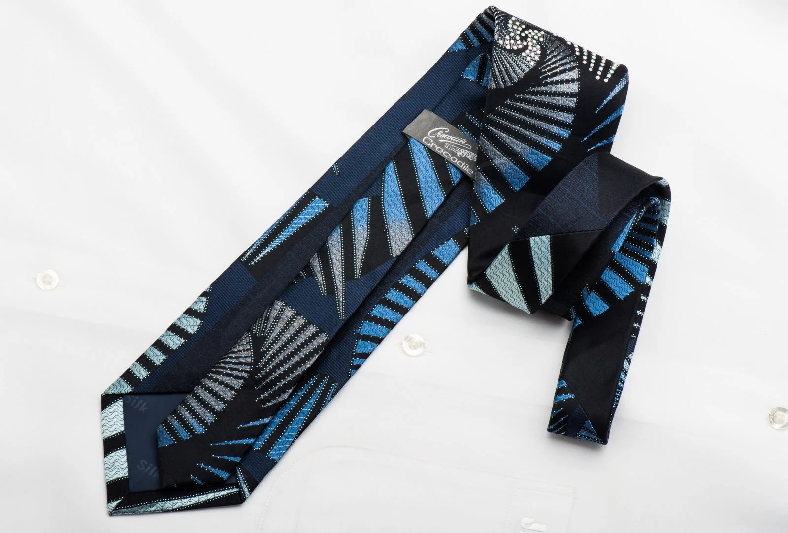 Crocodile Rhinestone Necktie Geometric On Blue Silk With Sparkles - Image 5