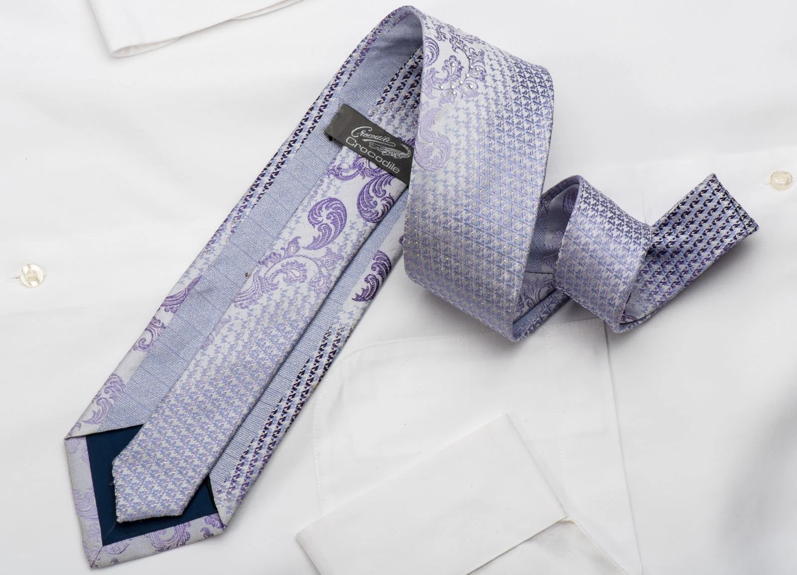 Crocodile Rhinestone Silk Necktie Vines On Mauve With Silver Sparkles - Image 4
