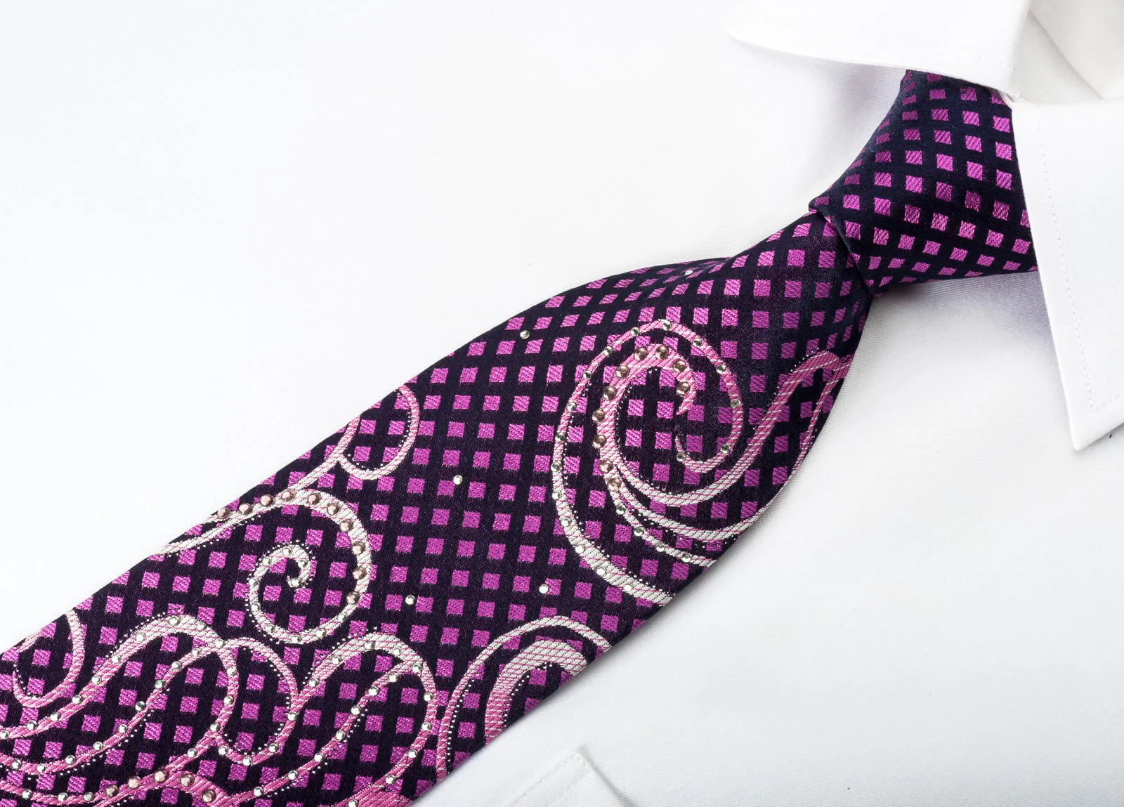 Crocodile Rhinestone Silk Tie Scrolls & Checker On Purple With Silver Sparkles - Image 3