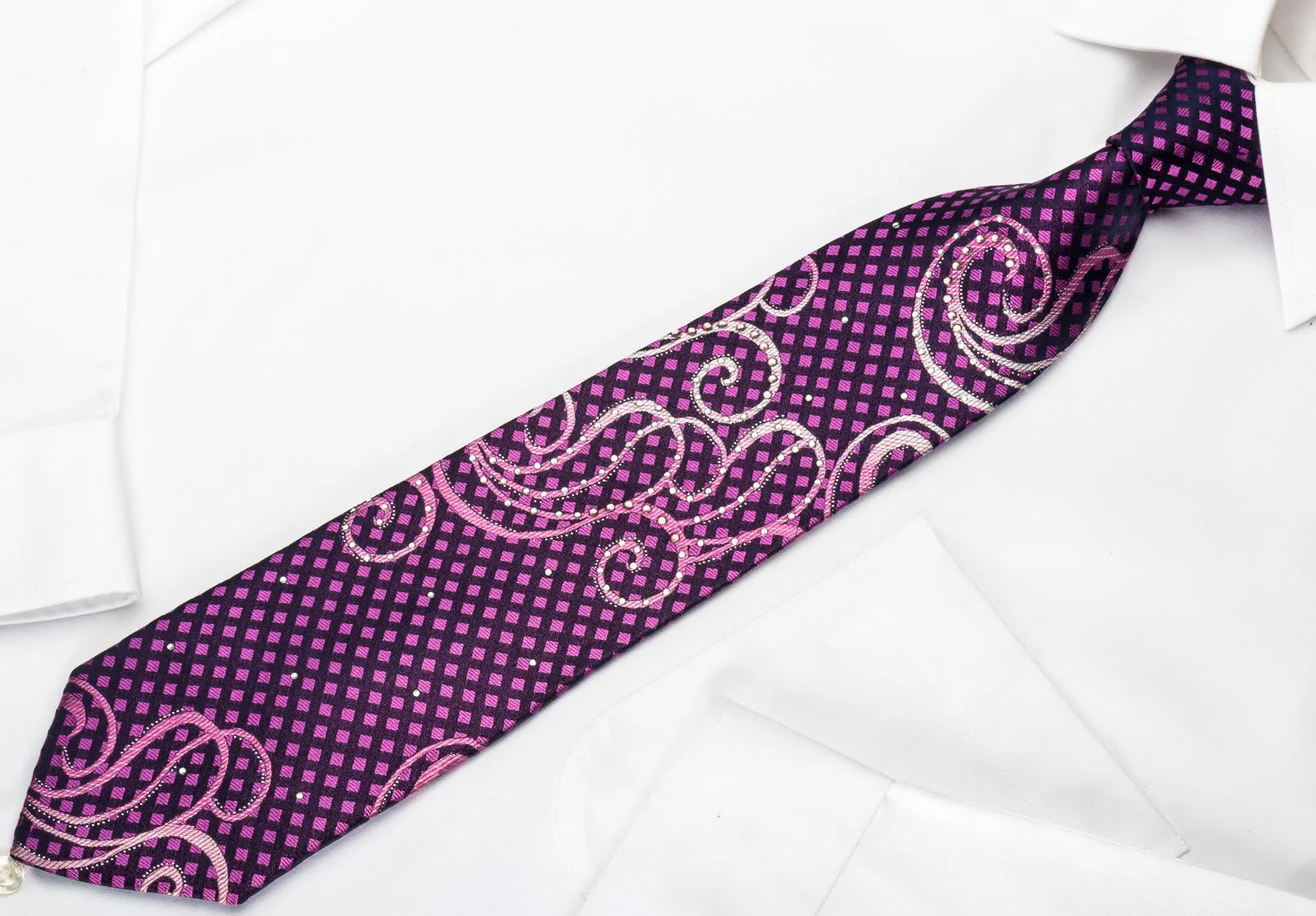Crocodile Rhinestone Silk Tie Scrolls & Checker On Purple With Silver Sparkles - Image 4