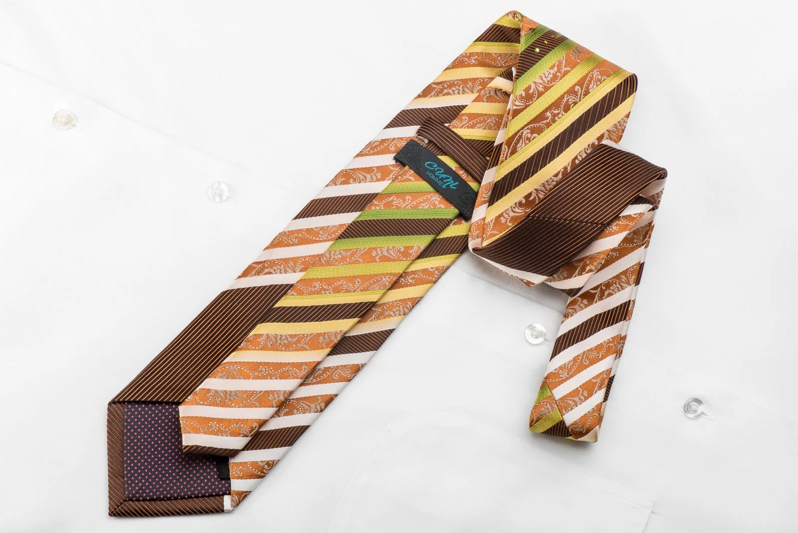 Cuni Homme Men's Crystal Necktie Orange Brown Green Striped With Silver Sparkles - Image 4