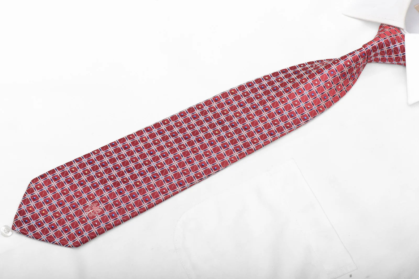 Blue Silver Trellis On Burgundy Rhinestone Silk Necktie With Silver Sparkles - Image 3