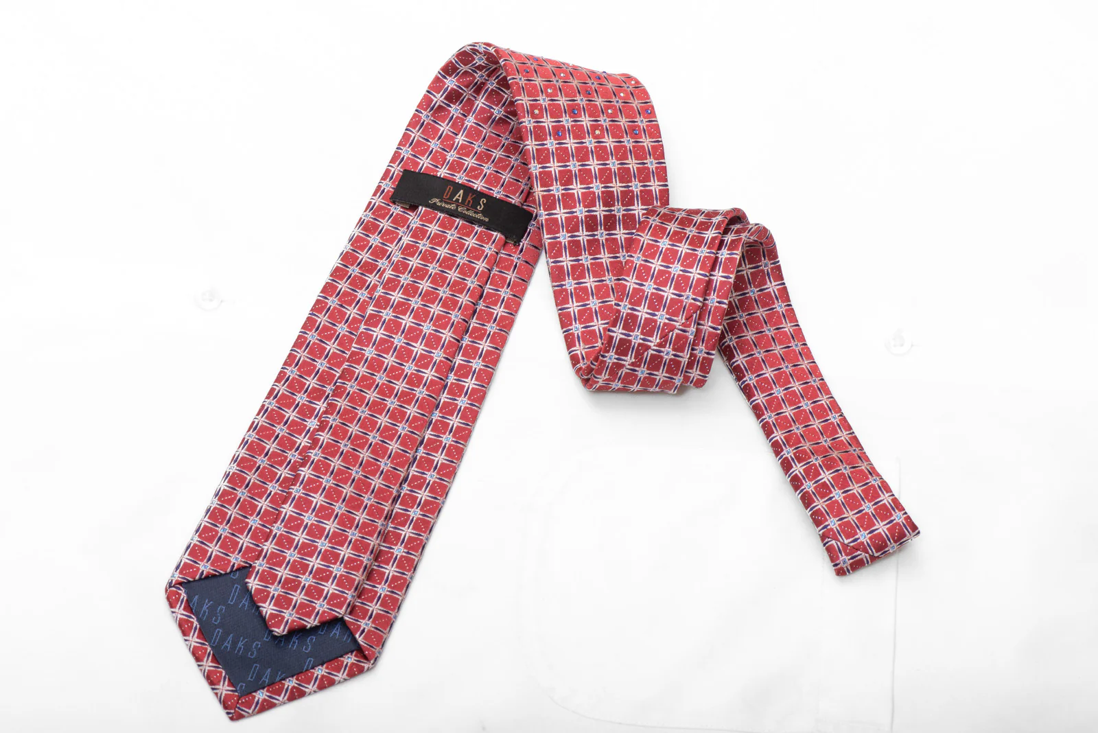 Blue Silver Trellis On Burgundy Rhinestone Silk Necktie With Silver Sparkles - Image 4