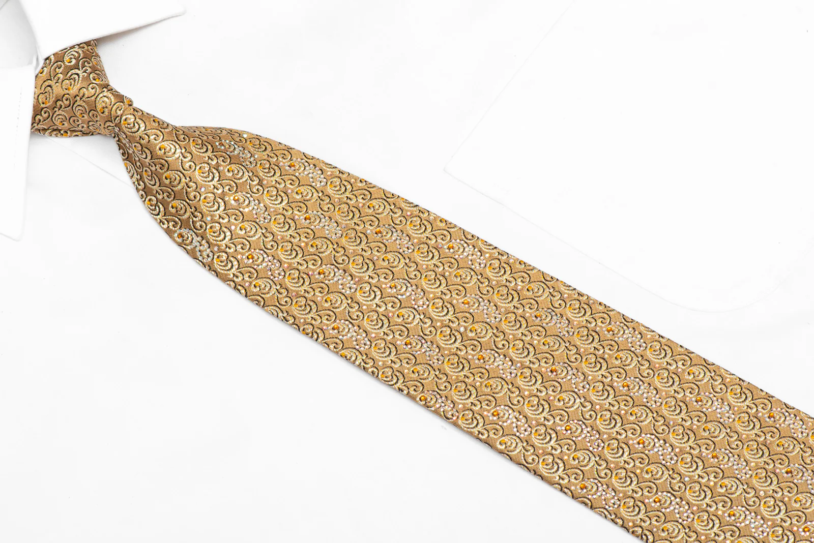 Filigree On Gold Rhinestone Silk Necktie With Gold Sparkles - Image 2
