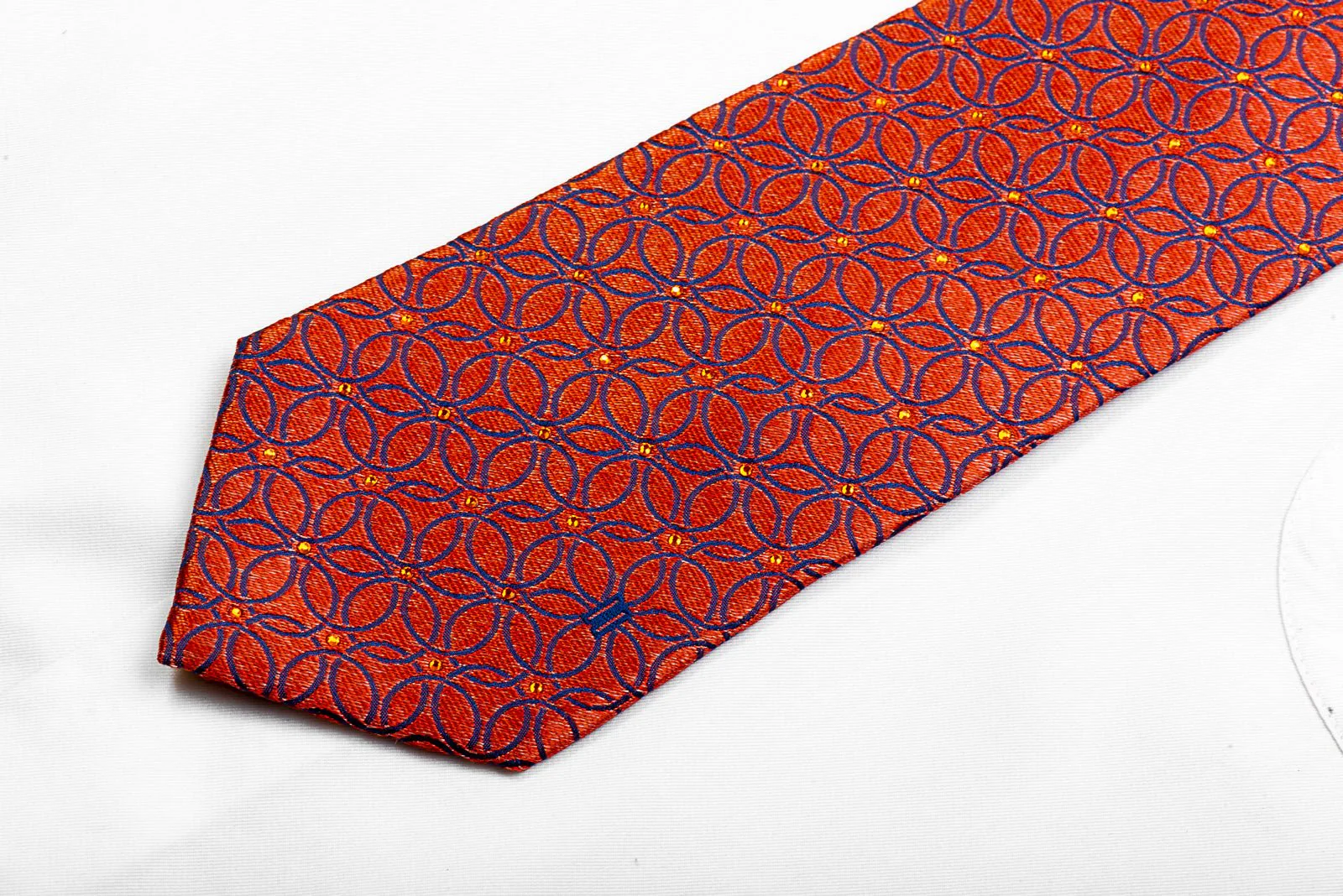 Blue Interlocking Circles On Orange Crystal Rhinestone Silk Tie - Image 3