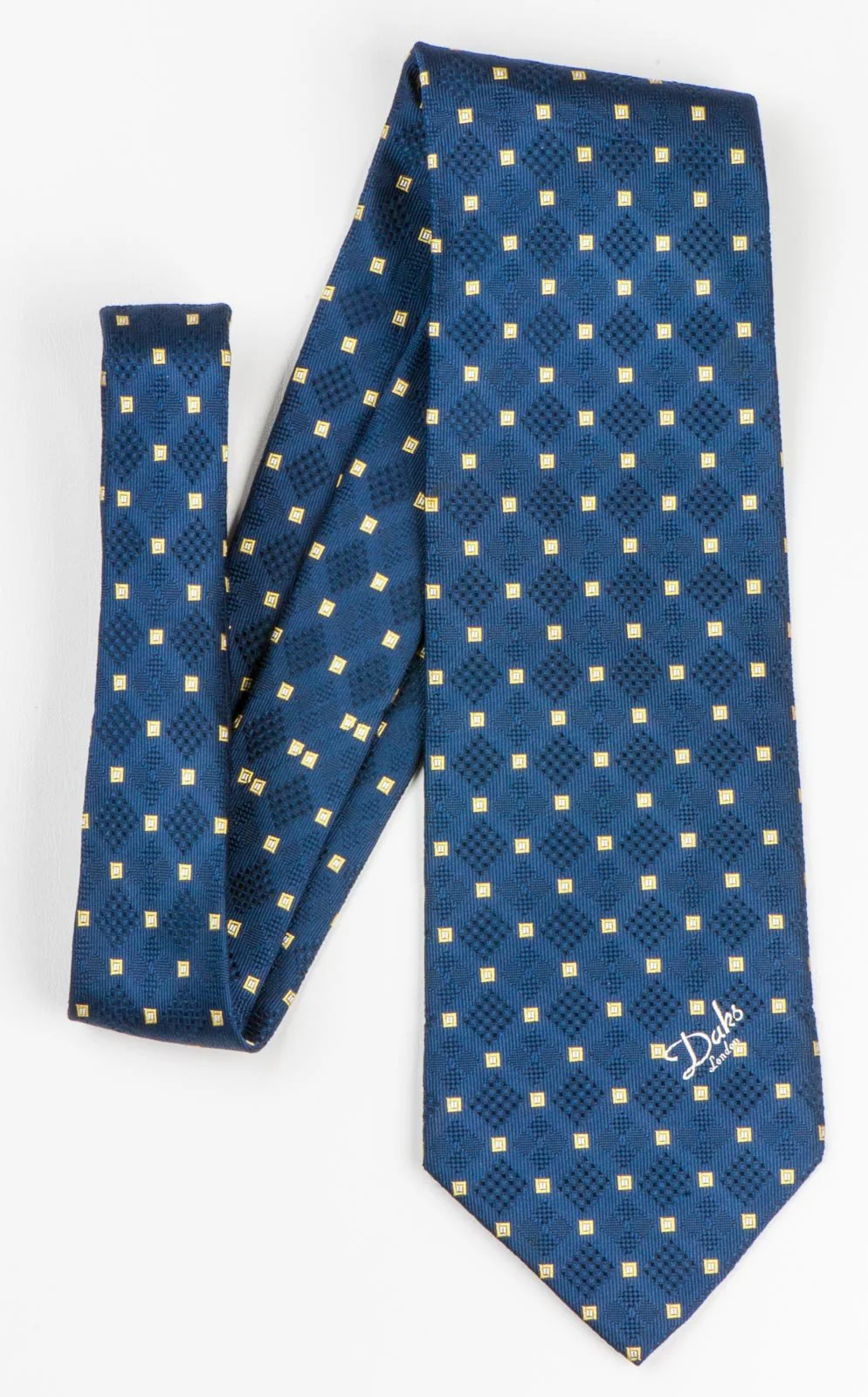 Daks Men's Classic Silk Neck Tie Yellow Squares On Navy Blue - Image 3