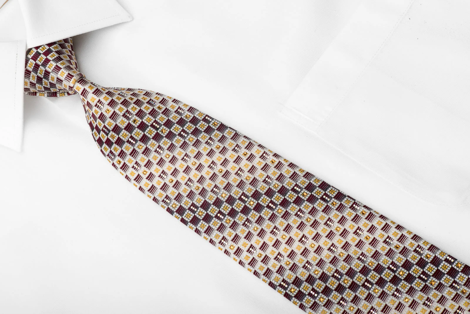 Men's Crystal Necktie Burgundy Silver Checkered Sparkling With Rhinestones - Image 2