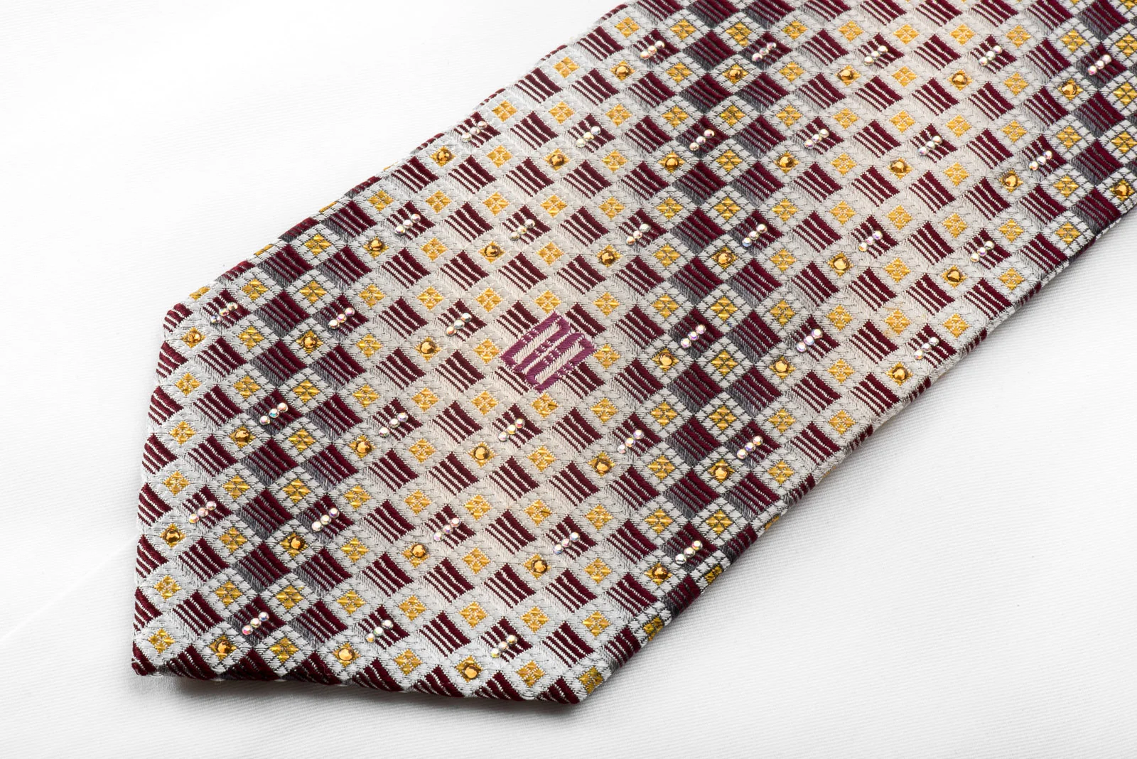 Men's Crystal Necktie Burgundy Silver Checkered Sparkling With Rhinestones - Image 3