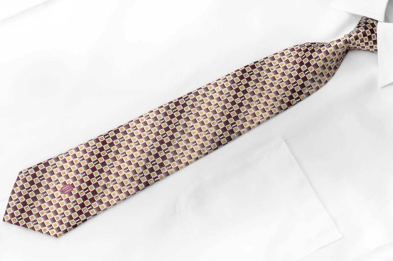 Men's Crystal Necktie Burgundy Silver Checkered Sparkling With Rhinestones - Image 4