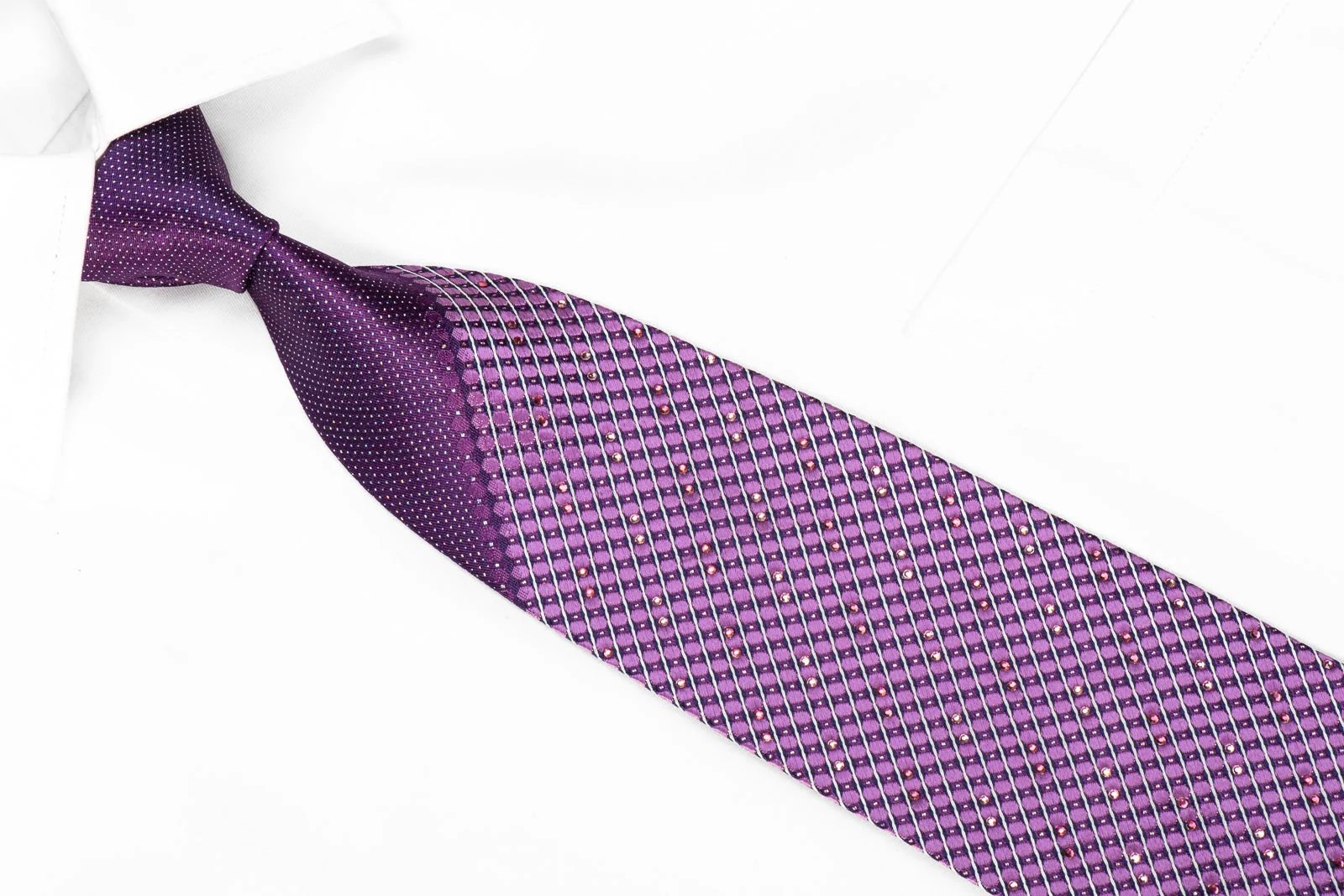 Daks Men's Crystal Necktie Geometric Dots On Purple Silk With Silver Sparkles - Image 2
