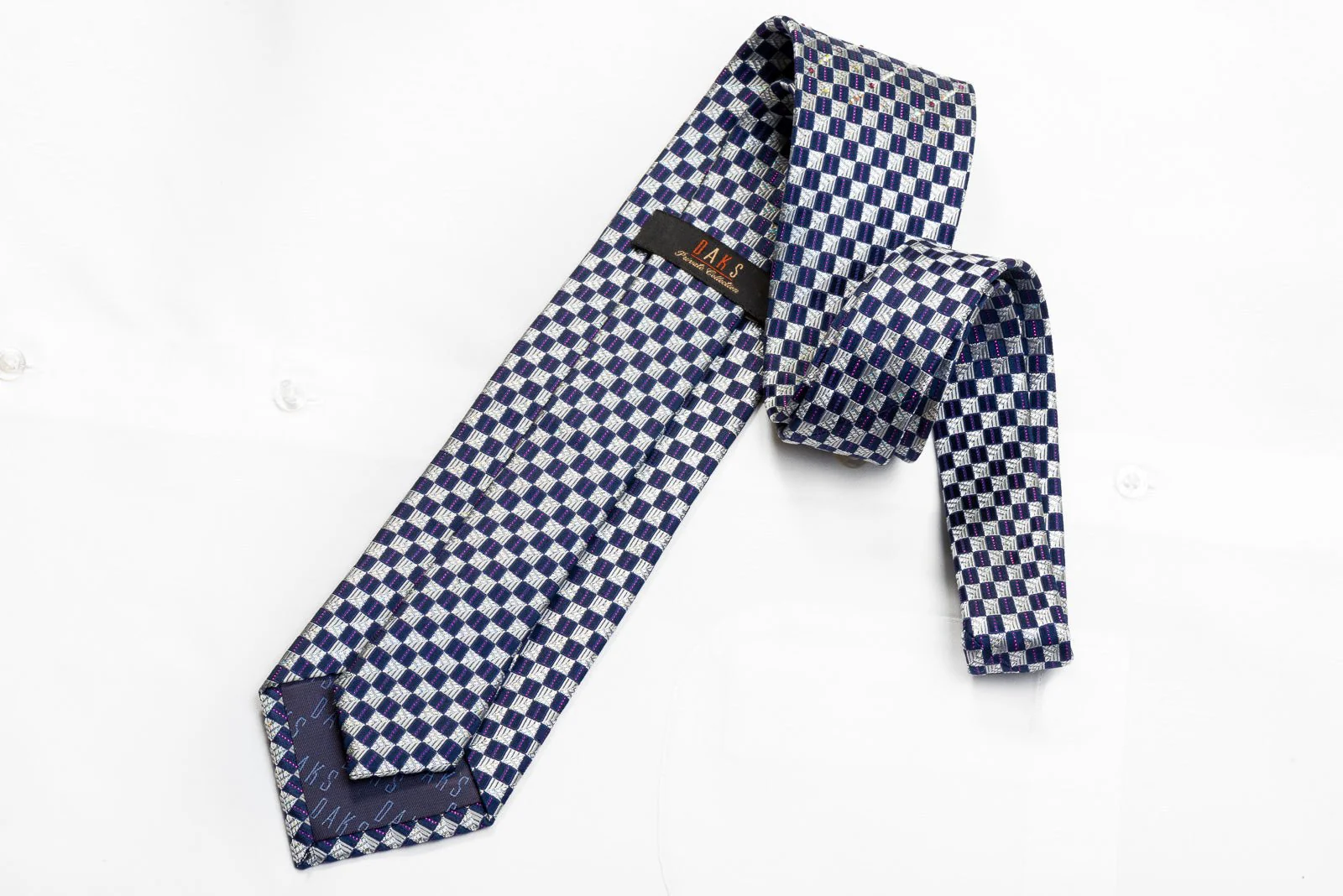Daks Men's Crystal Rhinestone Necktie Blue Silver Checkered With Purple Sparkles - Image 4