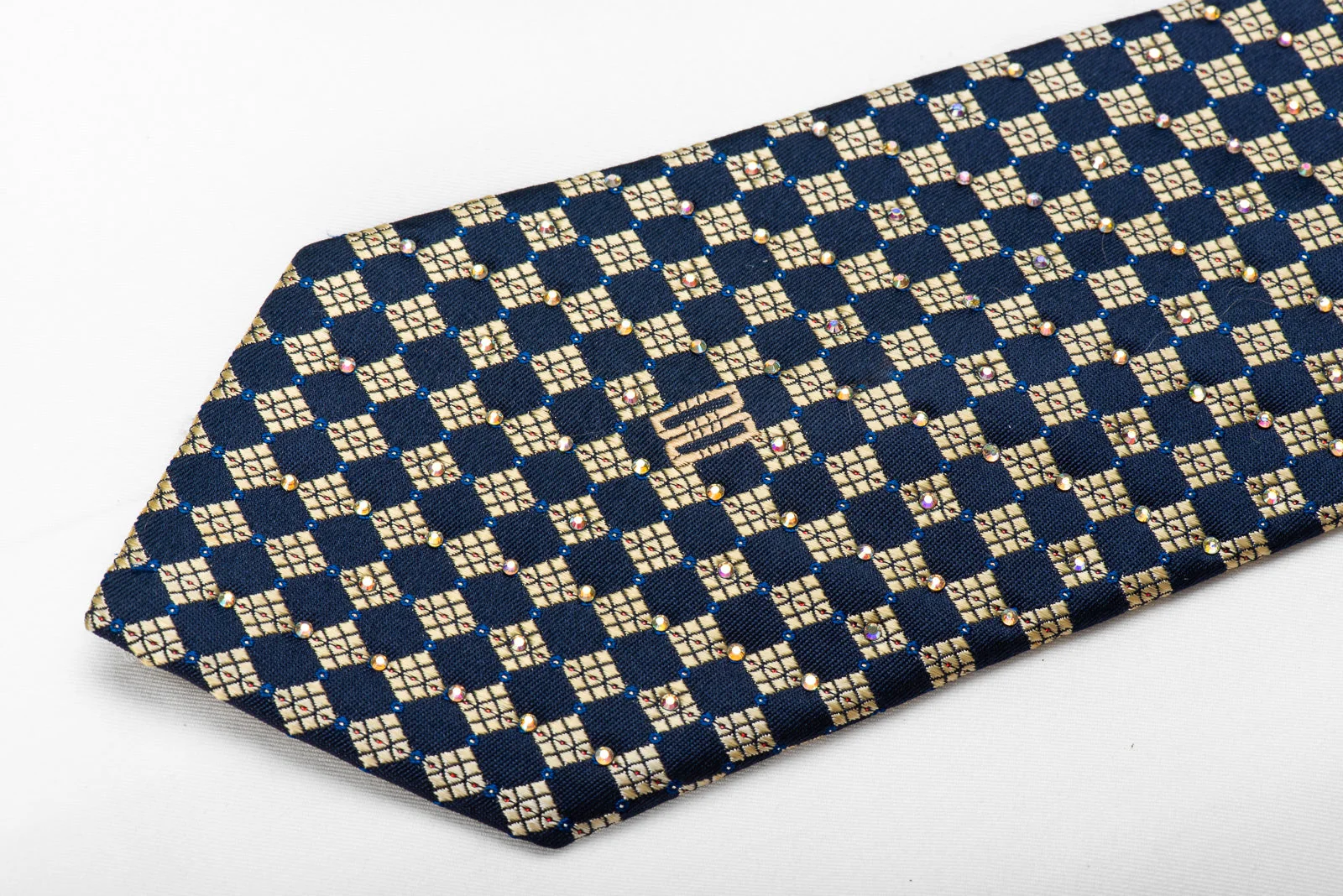 Daks Men's Crystal Rhinestone Silk Necktie Gold Navy Checkered With Red Sparkles - Image 3