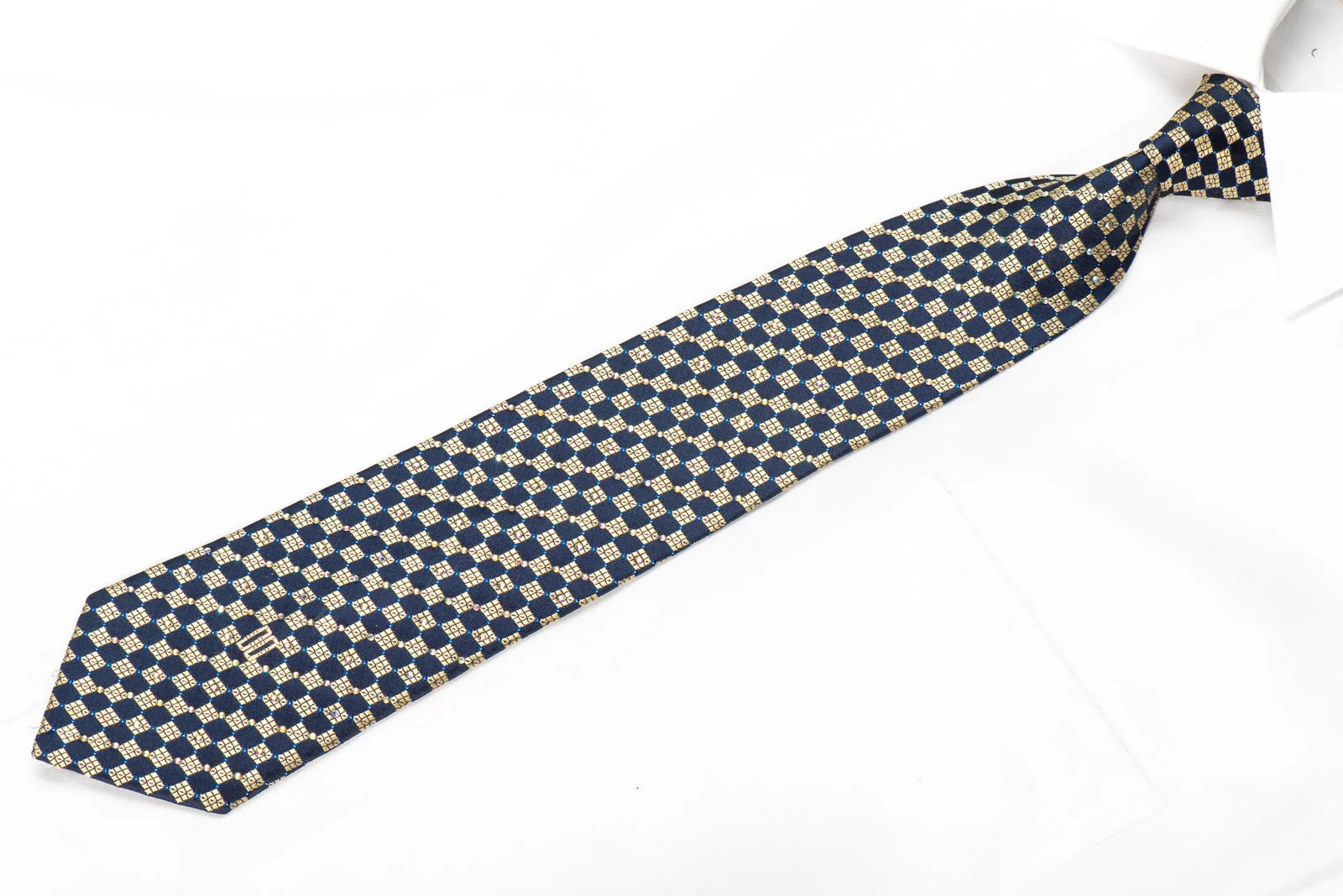 Daks Men's Crystal Rhinestone Silk Necktie Gold Navy Checkered With Red Sparkles - Image 4