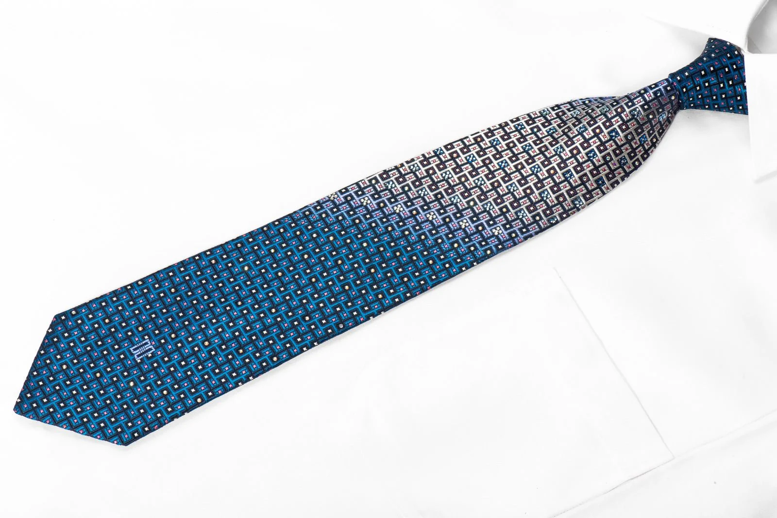 Daks Men's Crystal Rhinestone Silk Necktie Silver Geometric On Blue With Red Sparkles - Image 2