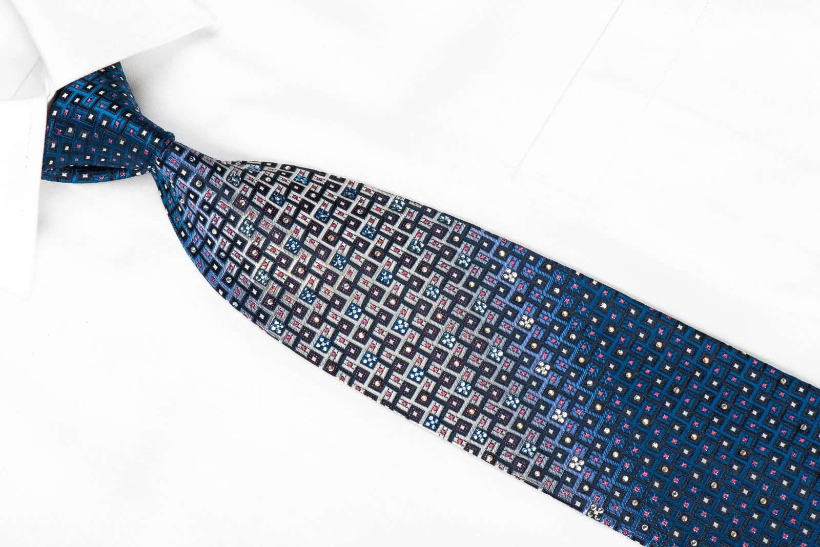 Daks Men's Crystal Rhinestone Silk Necktie Silver Geometric On Blue With Red Sparkles - Image 3